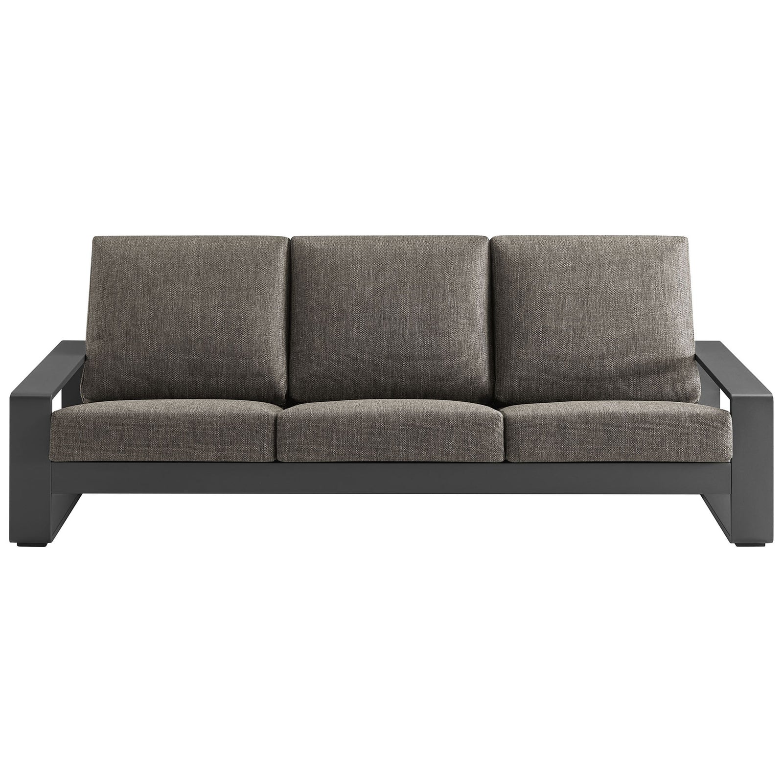 Smoke gray outdoor sofa with plush three-seat cushions and dark charcoal aluminum frame for dramatic modern flair || EEI-7302-SMO-GRY || front_studio