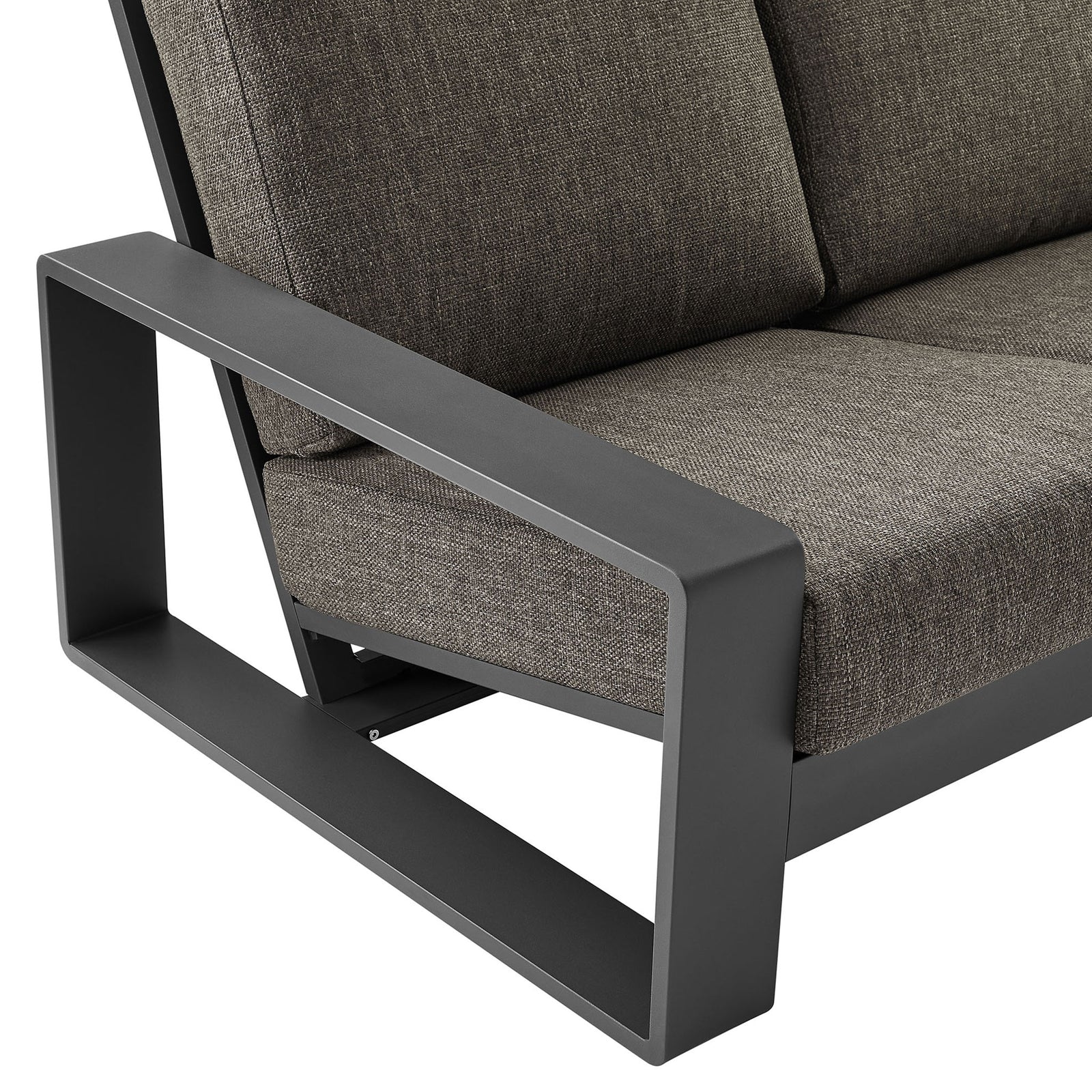 Charcoal aluminum arm and smoke gray fabric cushions highlighting the sofa's rich texture and clean edges || EEI-7302-SMO-GRY || detail_studio