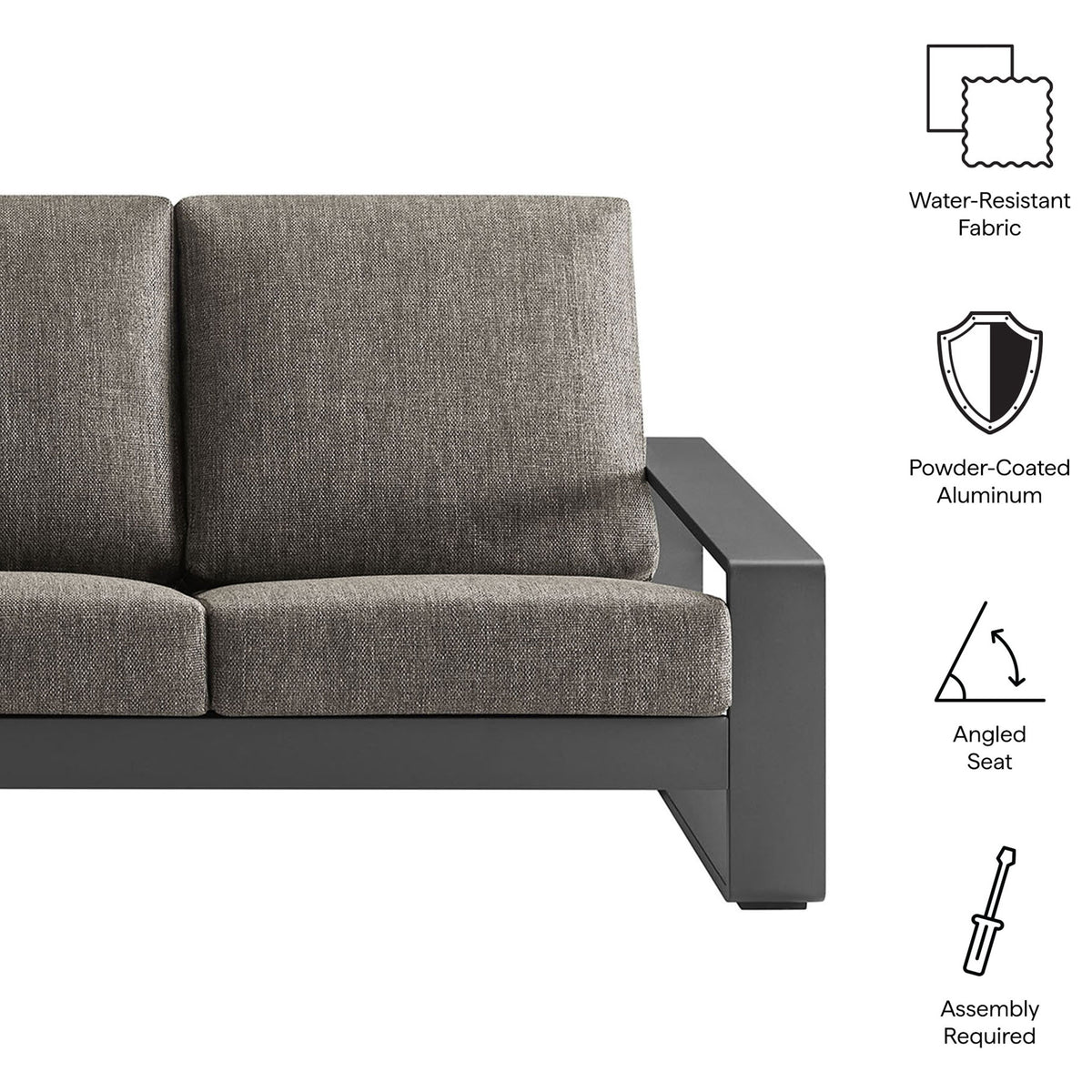 Smoke gray outdoor sofa with feature icons for water-resistant fabric, powder-coated aluminum, and angled seat comfort || EEI-7302-SMO-GRY || callout_studio