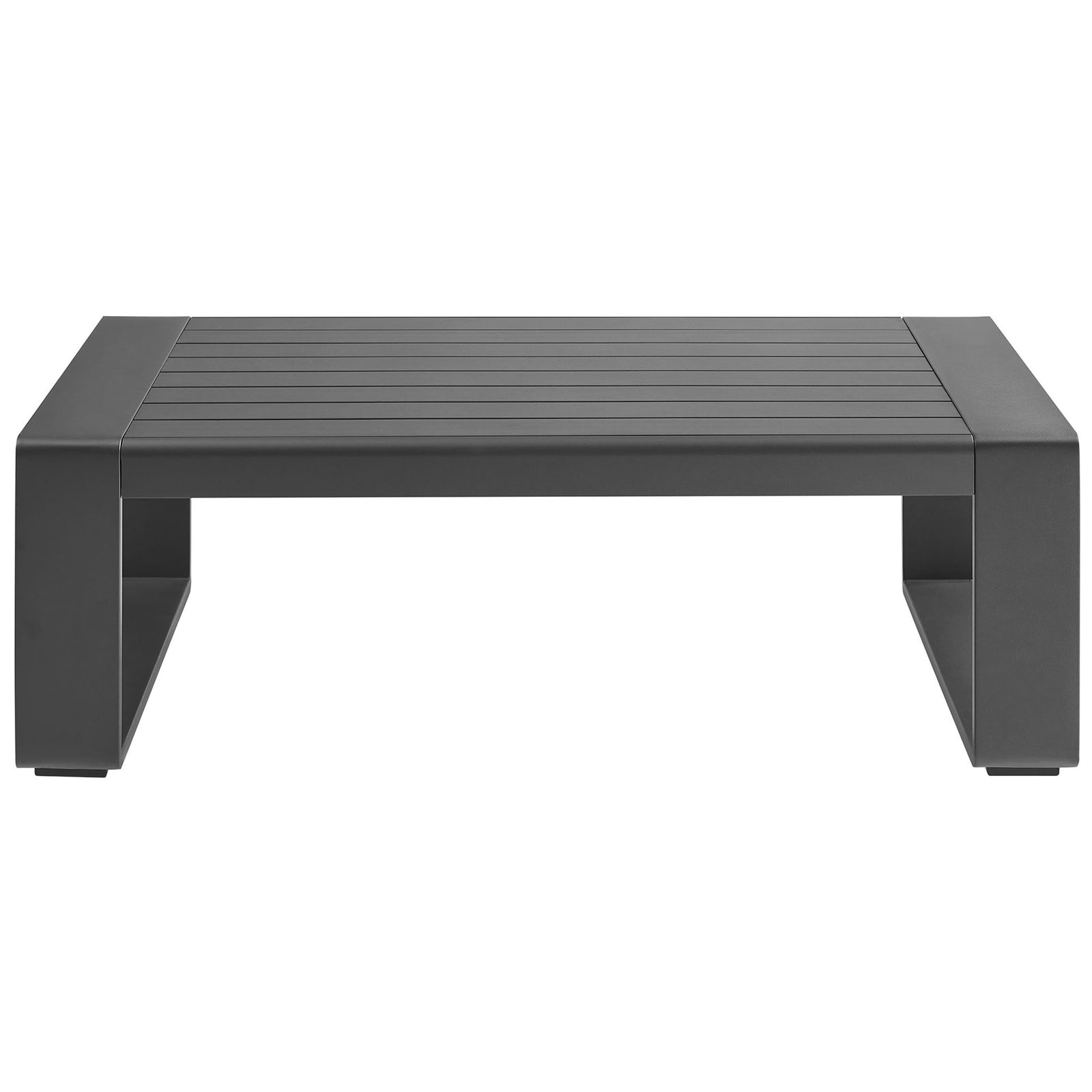 Low-profile gray patio coffee table with clean lines and broad ends || EEI-7303-GRY || front_studio