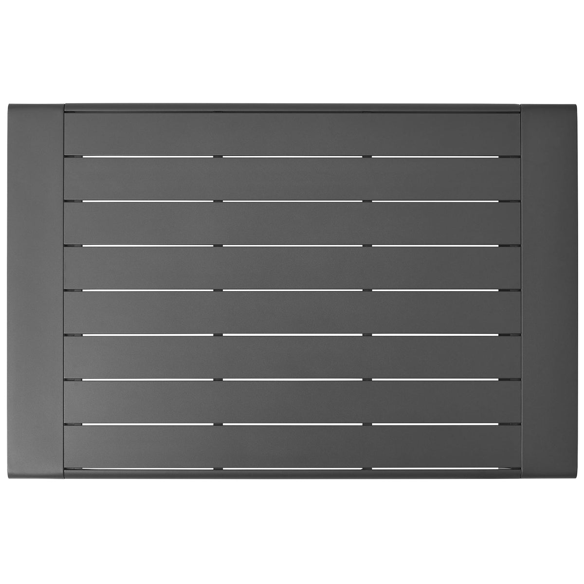Slatted gray aluminum tabletop designed to let rainwater drain quickly outdoors || EEI-7303-GRY || top_studio