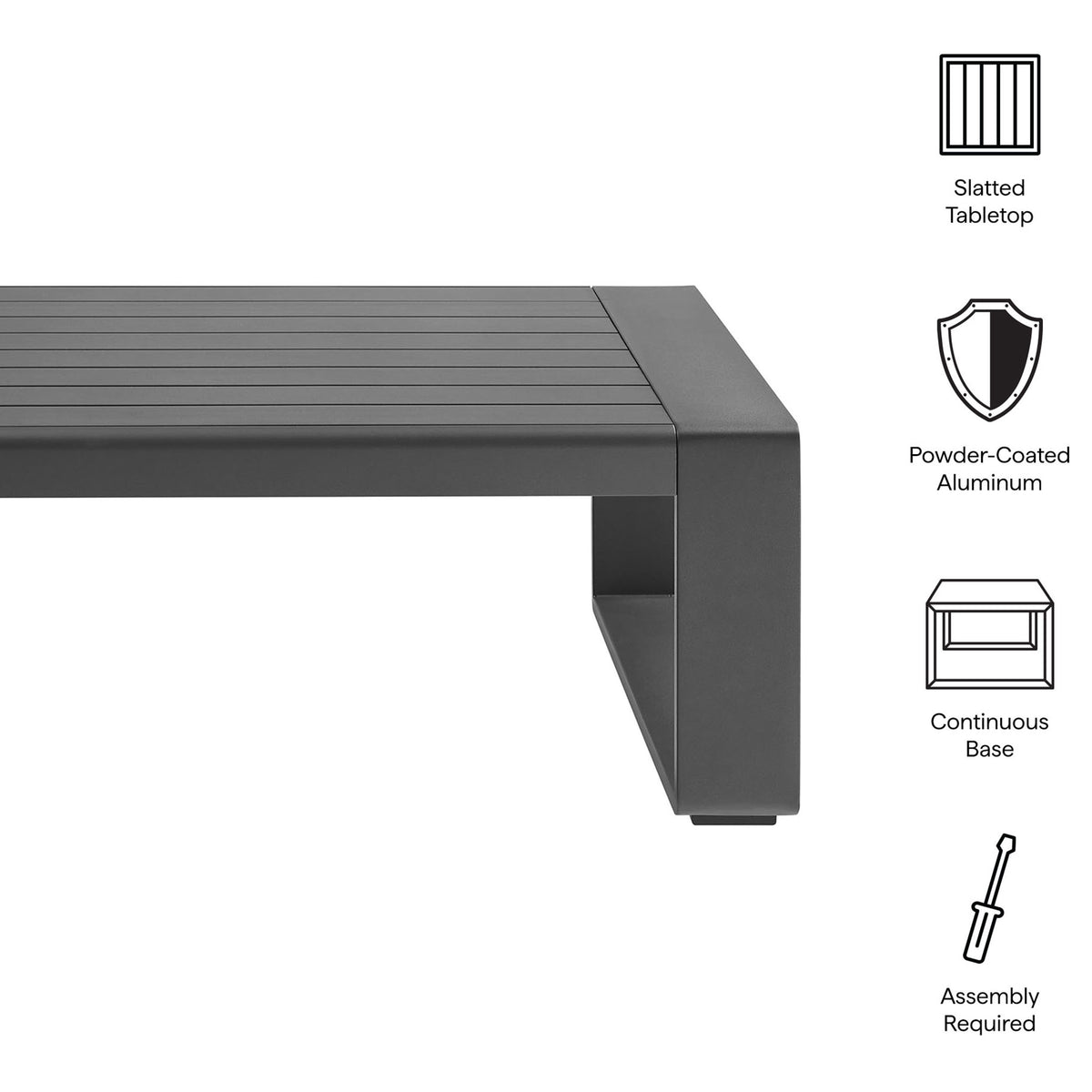 Feature highlights of gray aluminum outdoor coffee table with slatted top and continuous base || EEI-7303-GRY || callout_studio