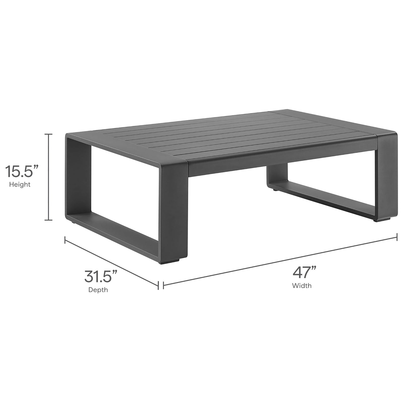 Size illustration of gray outdoor coffee table showing height, width, and depth measurements || EEI-7303-GRY || dimension_studio