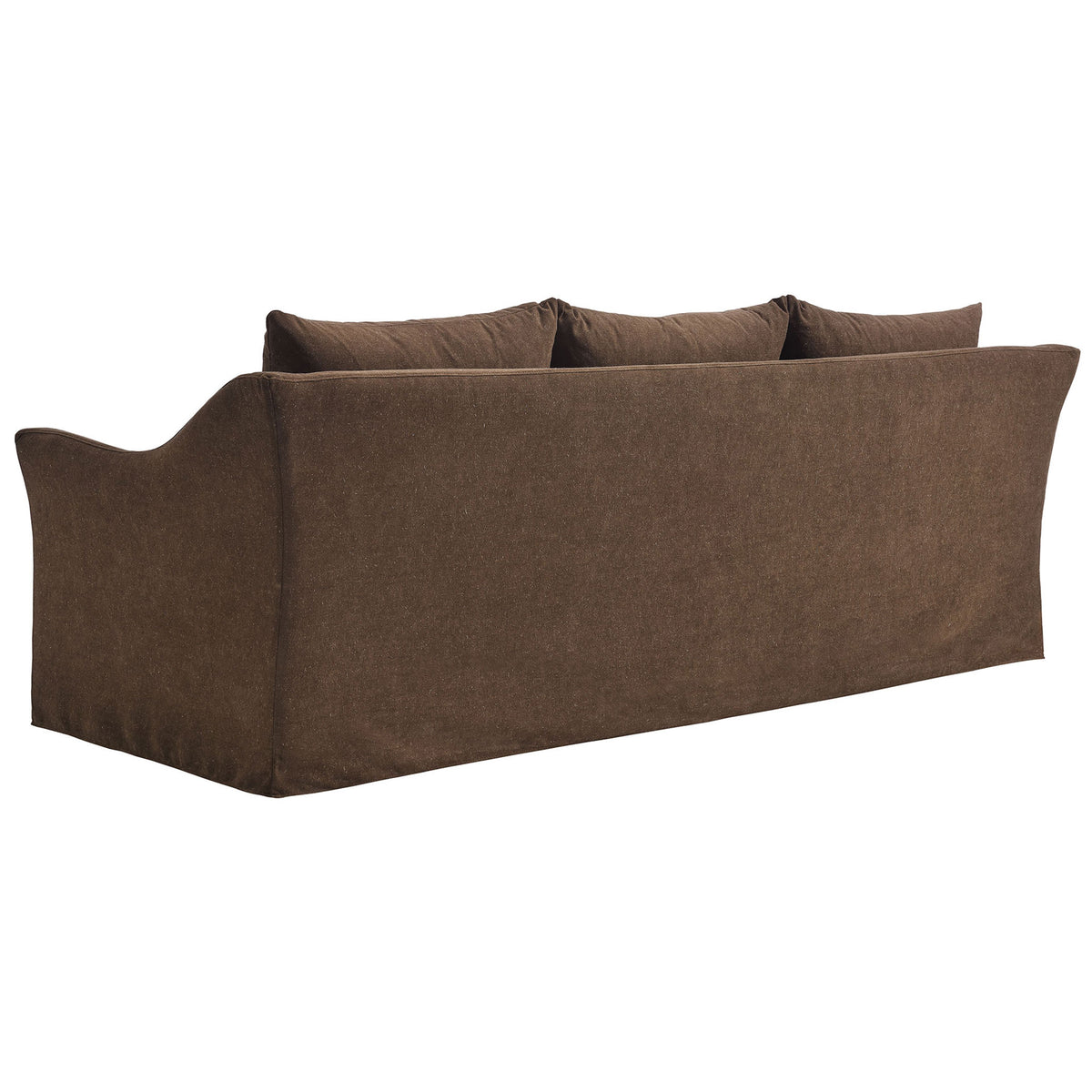 Back view of cocoa linen blend sofa with smooth tailored slipcover and gently flared arms || EEI-7310-COA || back_angle_studio