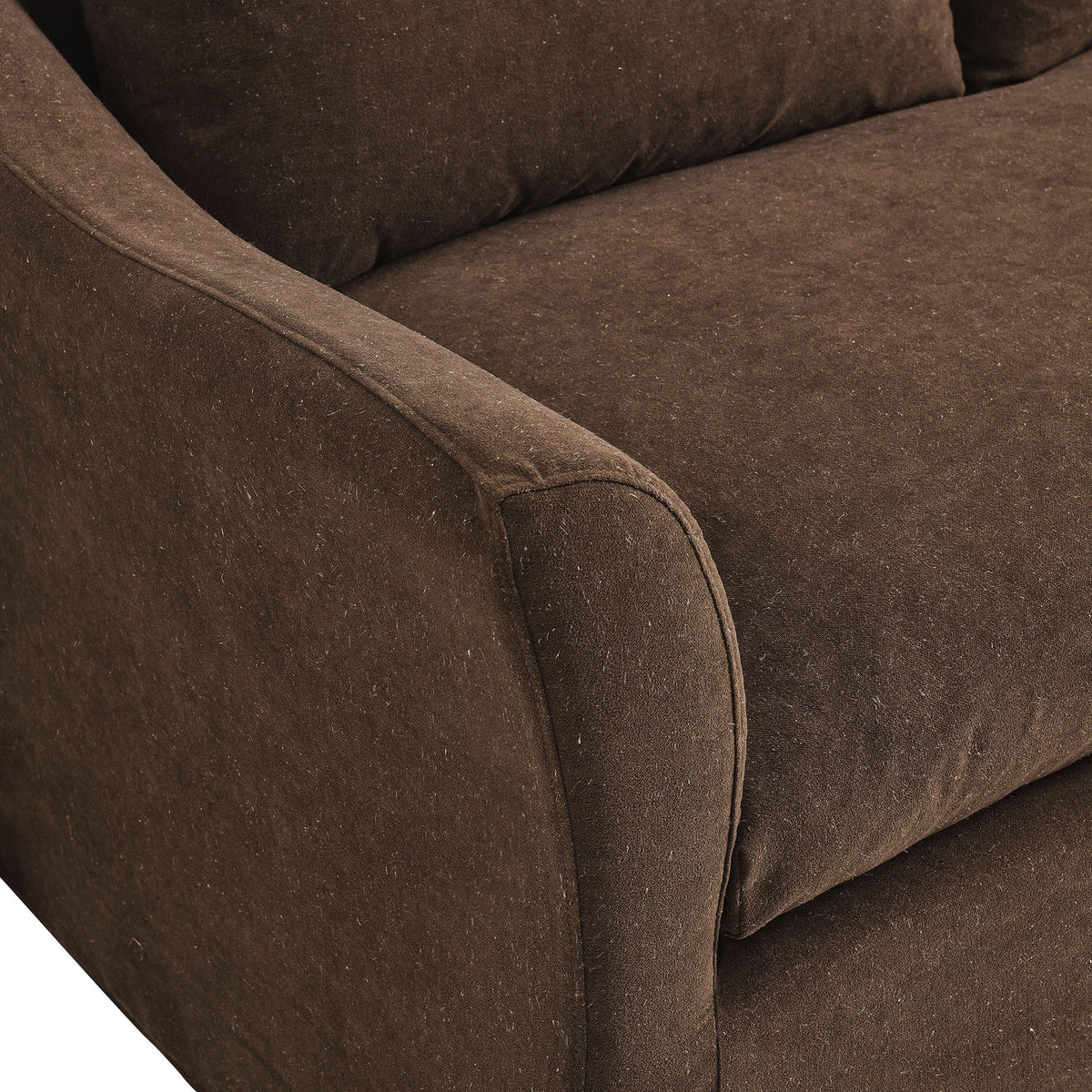 Close-up of cocoa linen blend upholstery highlighting the soft texture and gently curved sofa arm || EEI-7310-COA || detail_studio