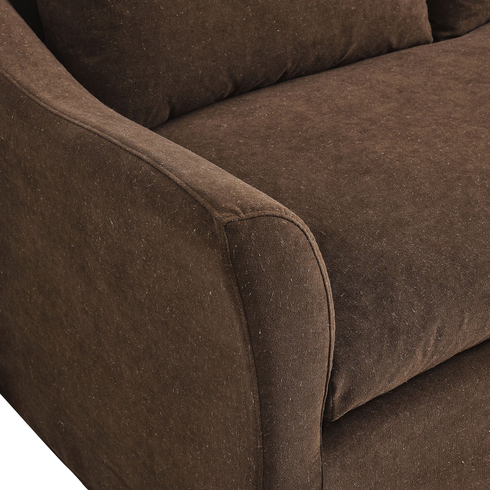 Close-up of cocoa linen blend upholstery highlighting the soft texture and gently curved sofa arm || EEI-7310-COA || detail_studio