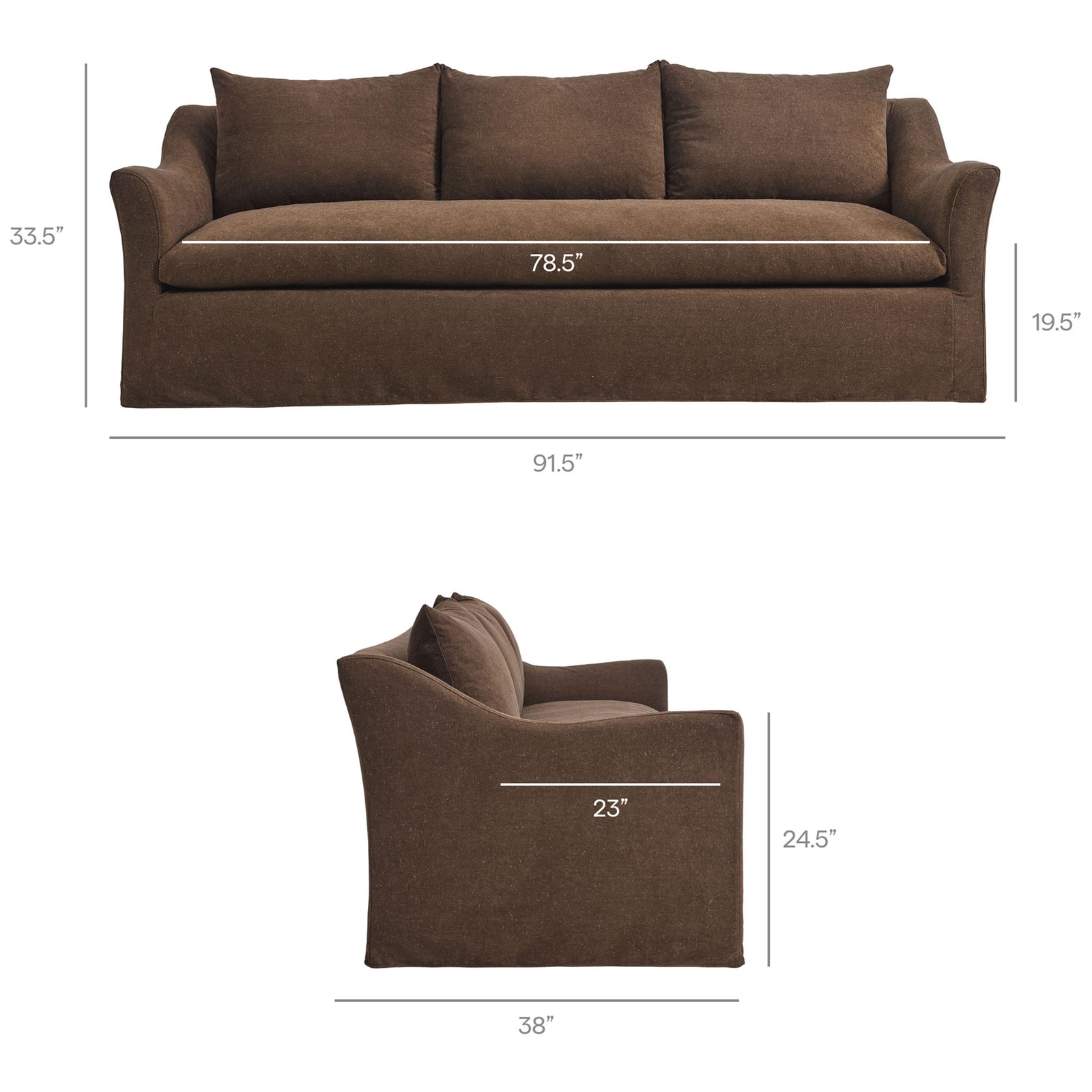 Somerset sofa with annotated measurements illustrating overall width, depth, seat height, and arm height || EEI-7310-COA || dimension_studio