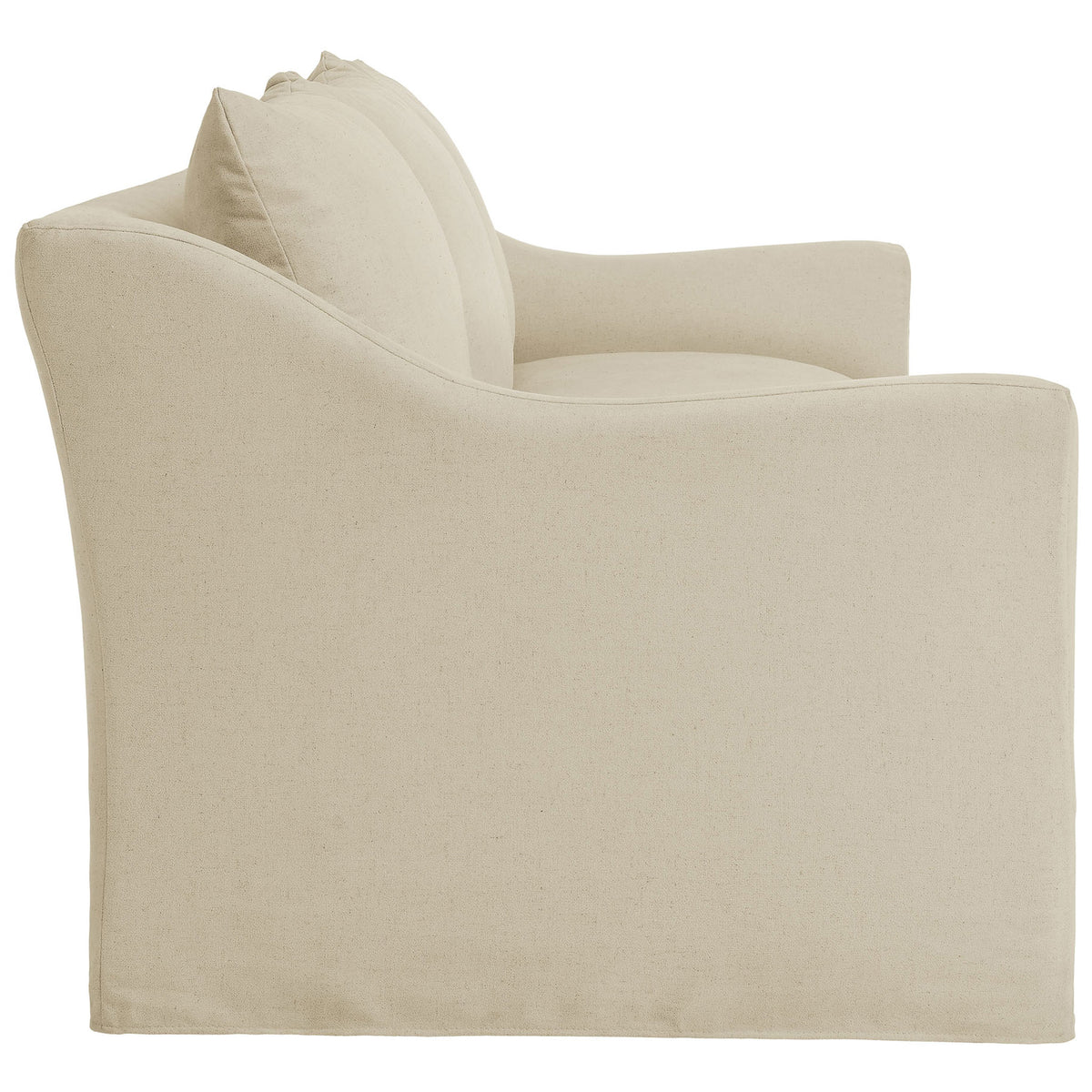 Linen blend sofa with gracefully sloped arm, plush cushions, and smooth slipcovered base || EEI-7310-LIN || side_studio