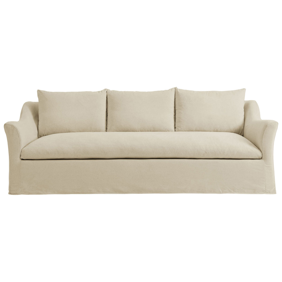 Tailored linen blend sofa with relaxed slipcover, deep bench seat, and three generously filled back cushions || EEI-7310-LIN || front_studio
