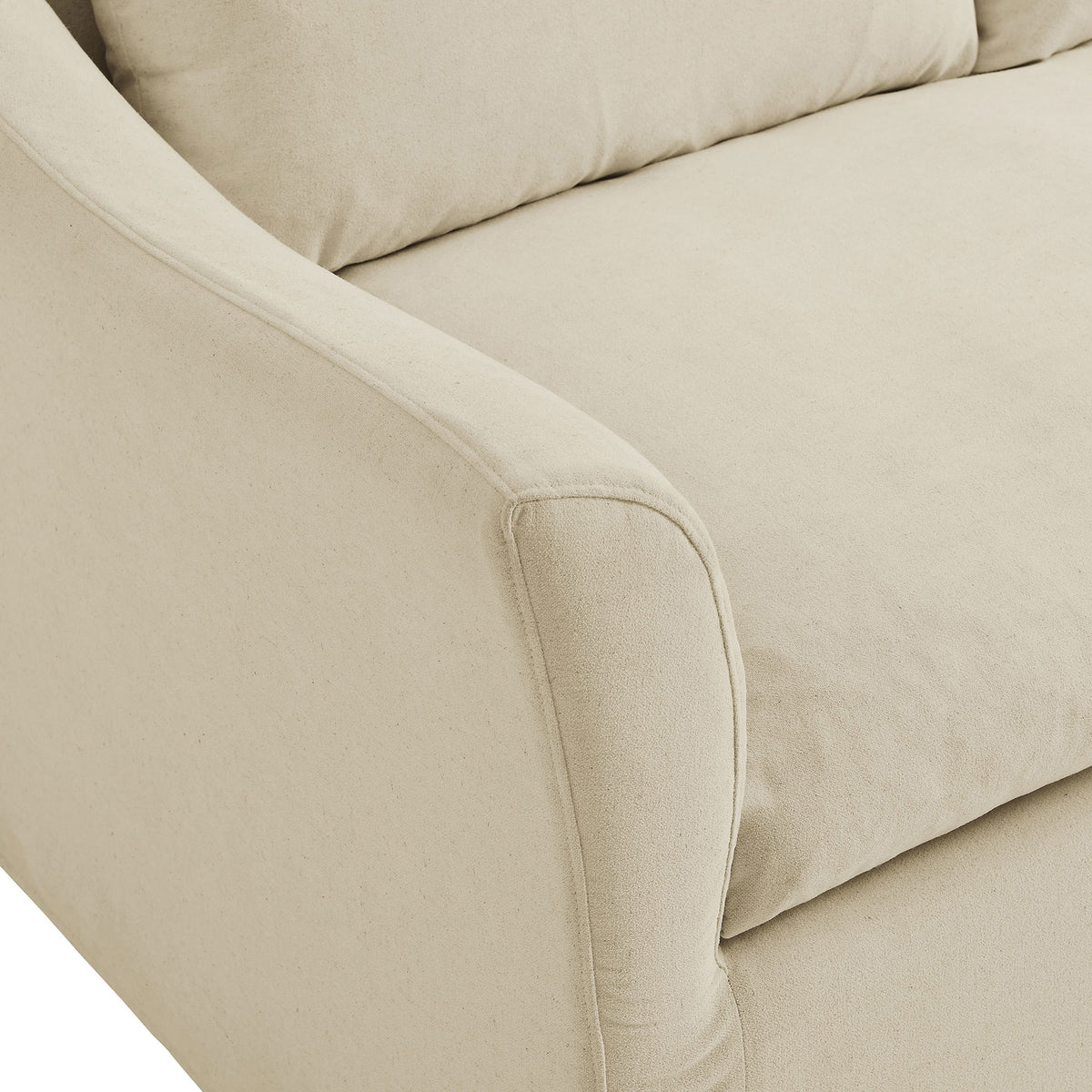 Curved arm and bench seat detail showing the soft linen blend texture and refined seam tailoring || EEI-7310-LIN || detail_studio