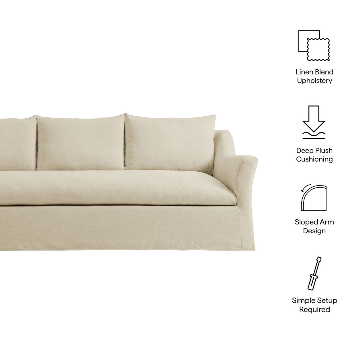 Somerset sofa highlighting linen blend upholstery, deep plush cushioning, sloped arms, and simple setup icons || EEI-7310-LIN || callout_studio