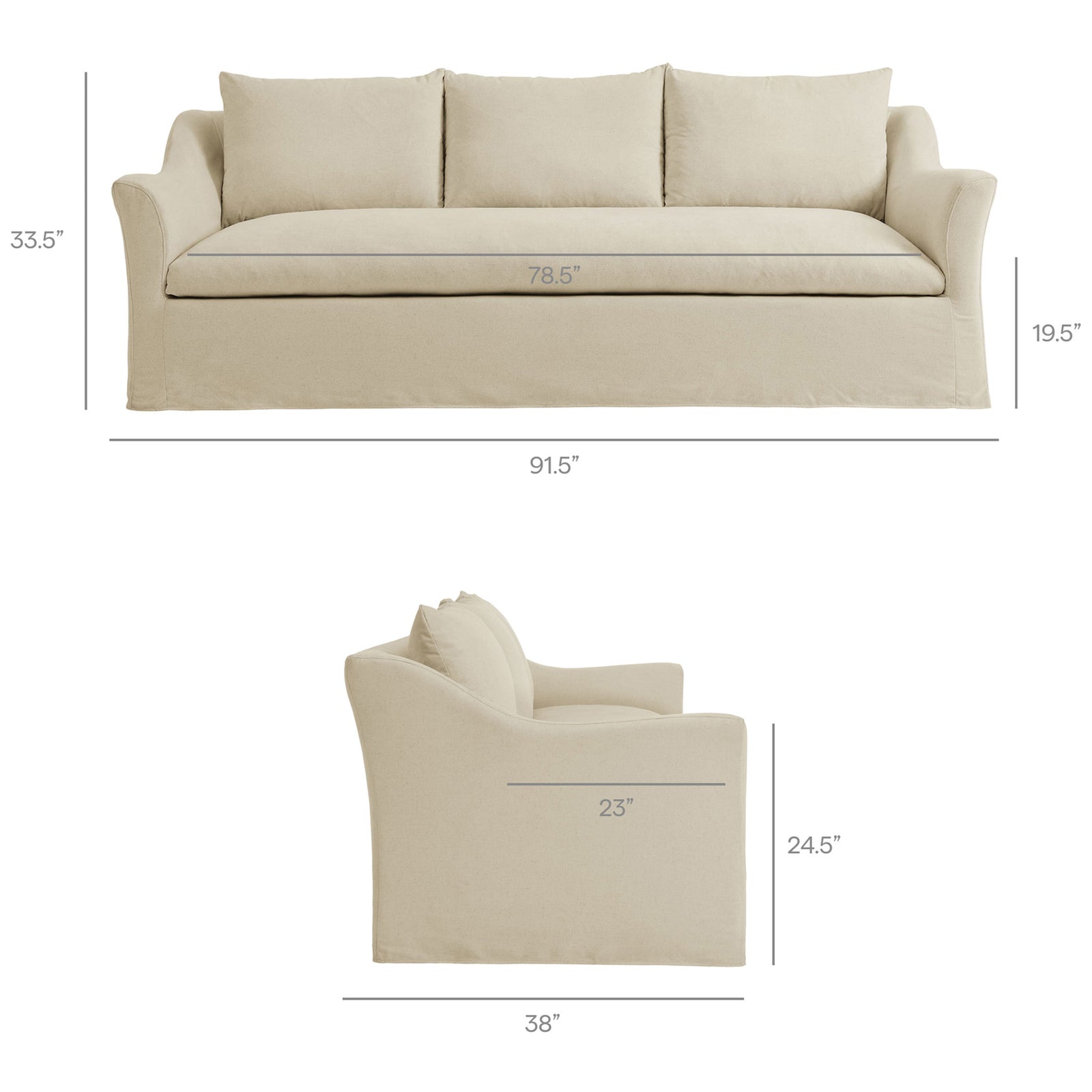 Somerset sofa with annotated dimensions for width, depth, height, seat depth, and arm height for easy planning || EEI-7310-LIN || dimension_studio