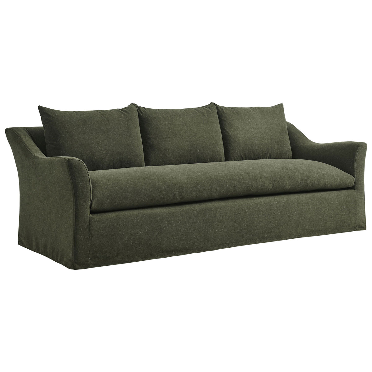 Somerset slipcovered sofa in sage linen blend showing its graceful sloped arms and tailored modern profile || EEI-7310-SGE || front_angle_studio