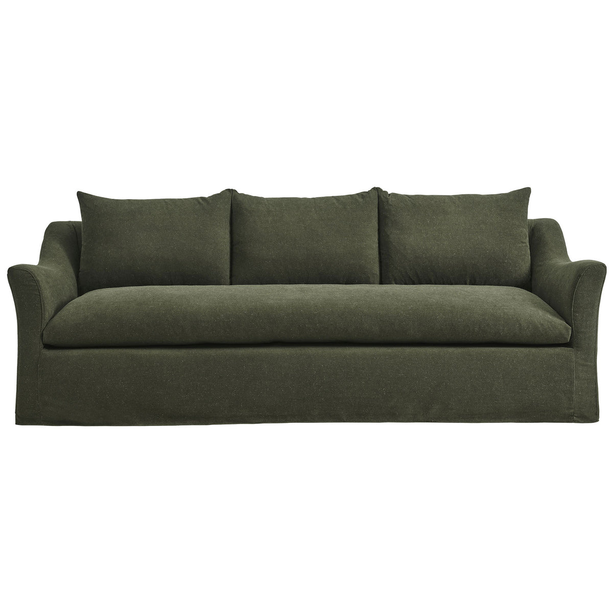 Sage green slipcovered sofa with three plush back cushions and a roomy bench seat for relaxed lounging || EEI-7310-SGE || front_studio