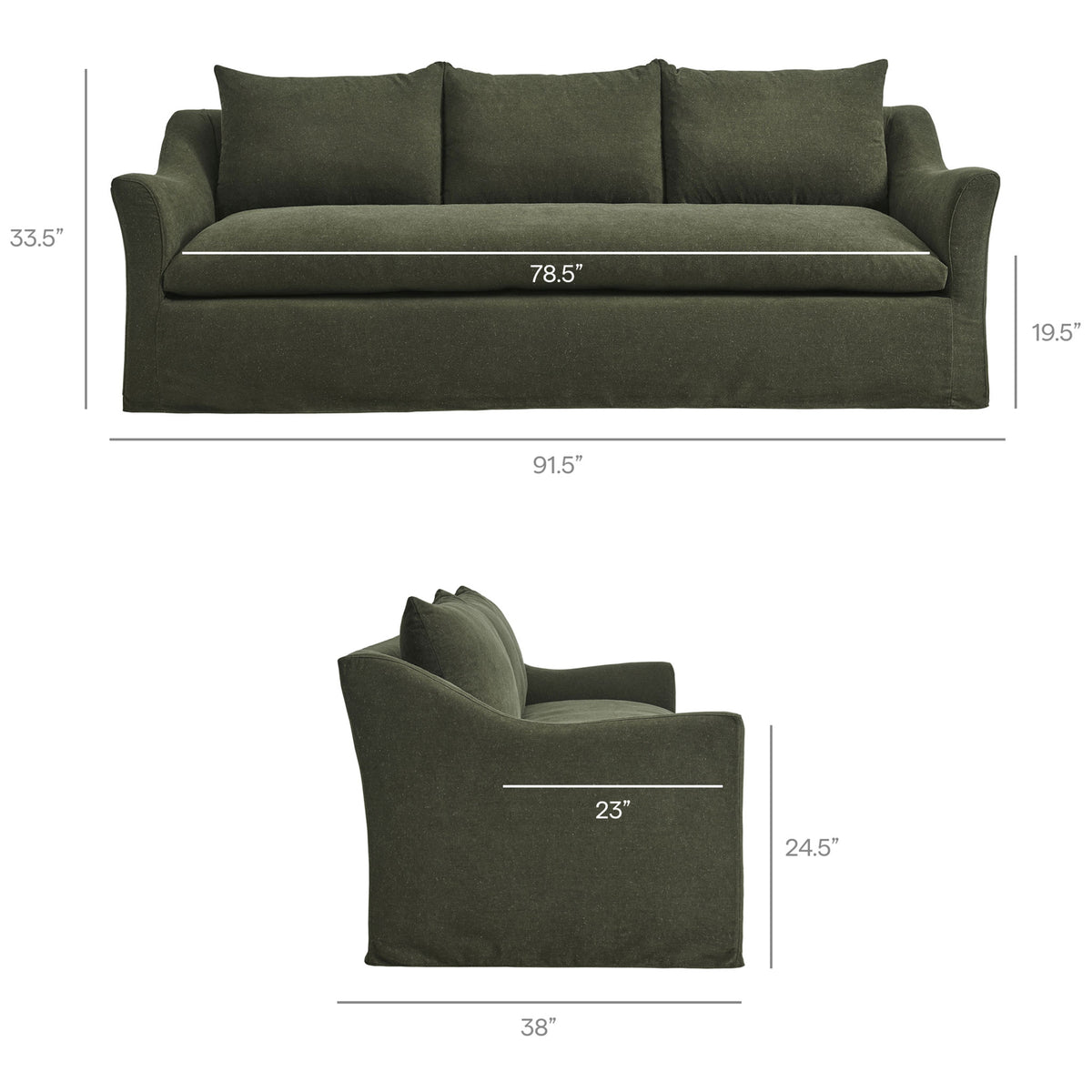 Dimension guide for the Somerset sofa showing overall width, depth, height, seat depth, and arm height measurements || EEI-7310-SGE || dimension_studio
