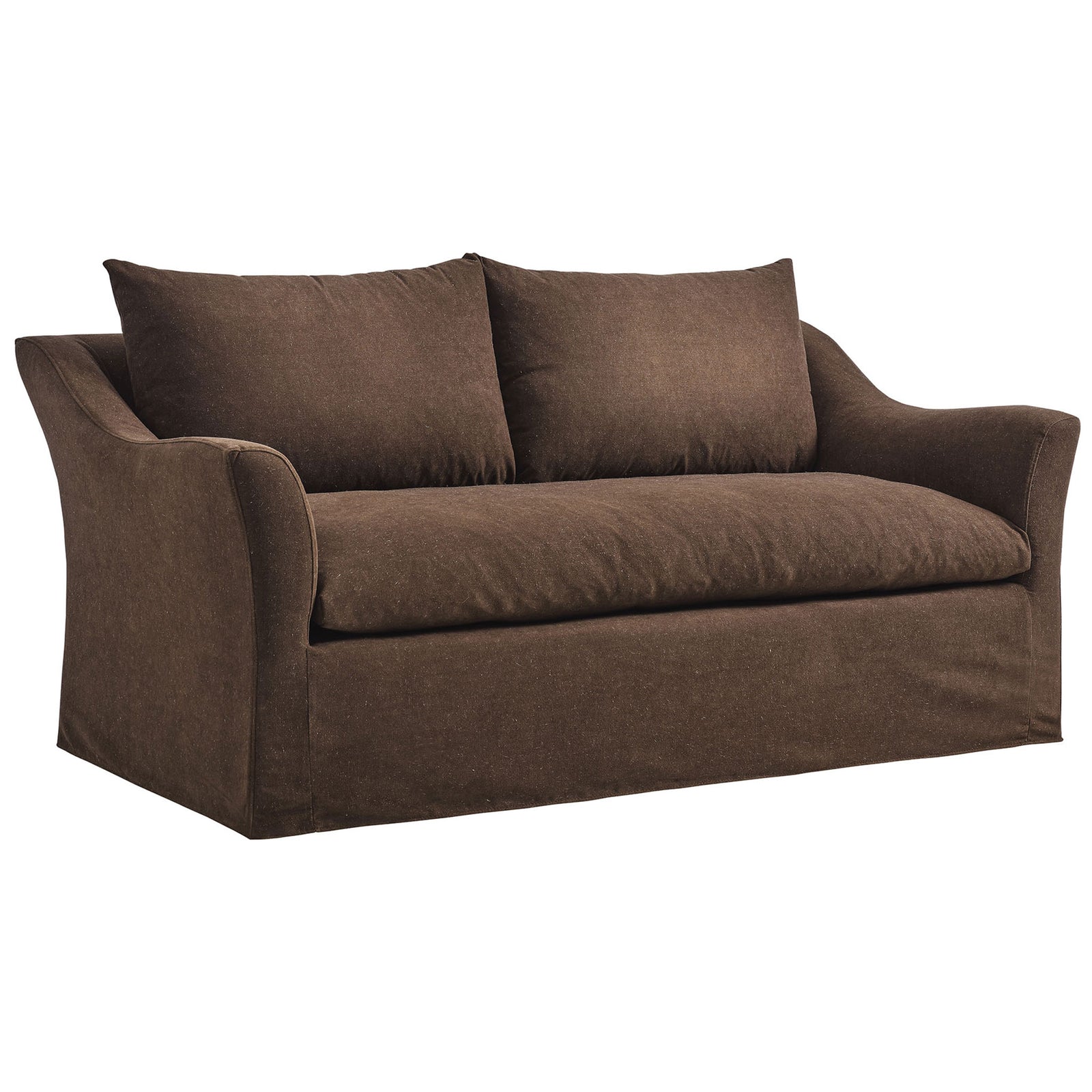 Somerset cocoa loveseat showcasing its deep bench seat and relaxed slipcovered base || EEI-7311-COA || front_angle_studio