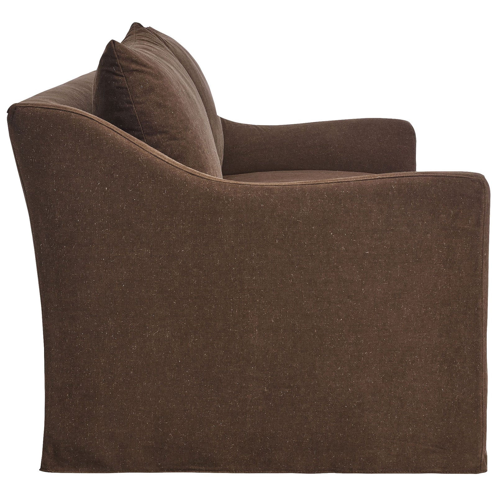 Smoothly curved arm silhouette and tailored skirted base in cocoa linen blend upholstery || EEI-7311-COA || side_studio