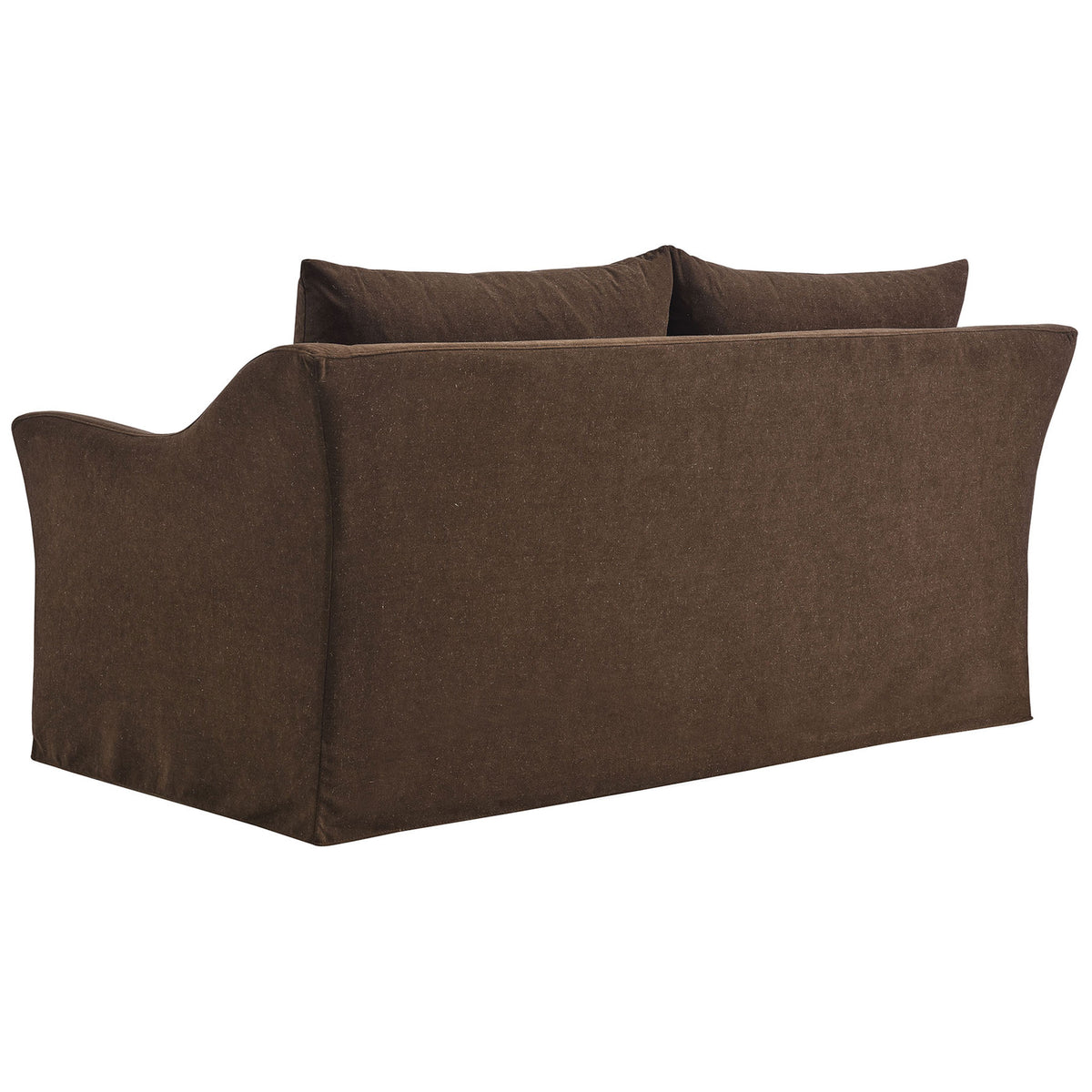 Clean slipcovered back panel and gently flared sides in rich cocoa performance fabric || EEI-7311-COA || back_angle_studio