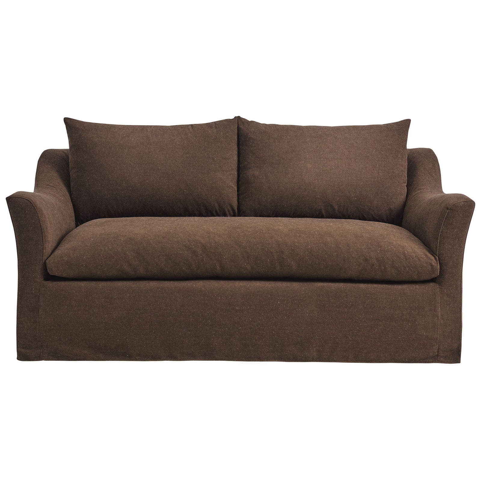 Cocoa linen blend loveseat with plush bench seat cushion and gently curved slipcovered arms || EEI-7311-COA || front_studio