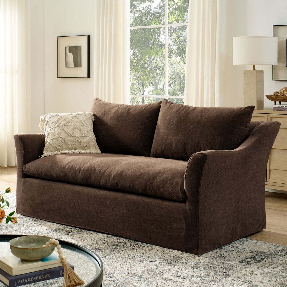 Somerset cocoa loveseat bringing warm relaxed comfort to a modern living room || EEI-7311-COA || front_angle_room