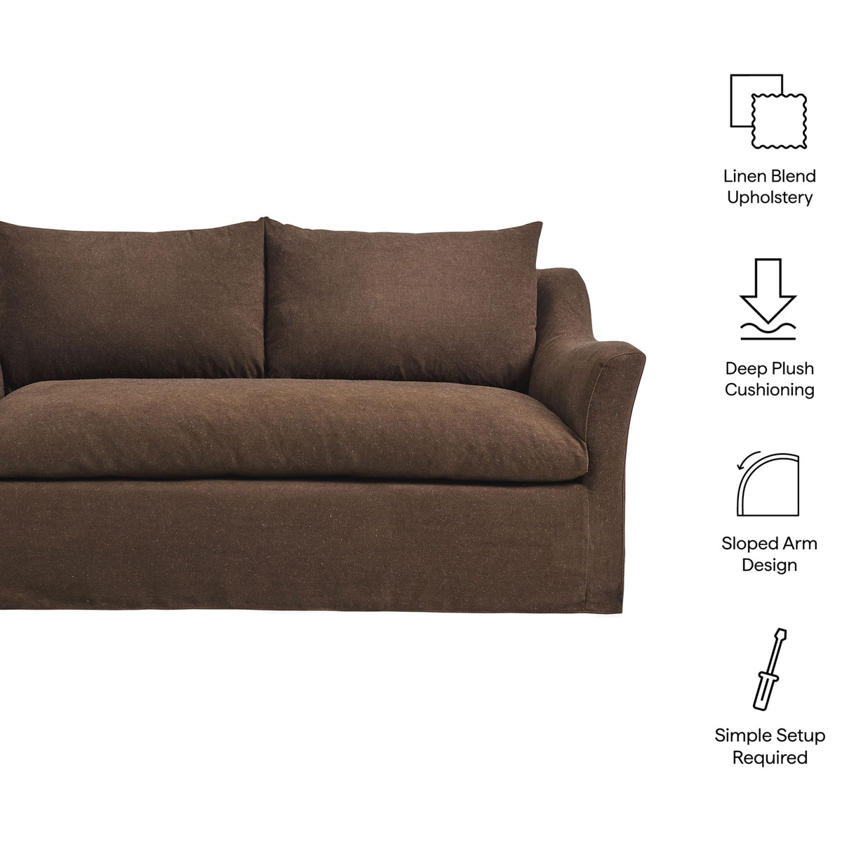 Key loveseat features including linen blend upholstery deep cushioning sloped arms and easy setup || EEI-7311-COA || callout_studio
