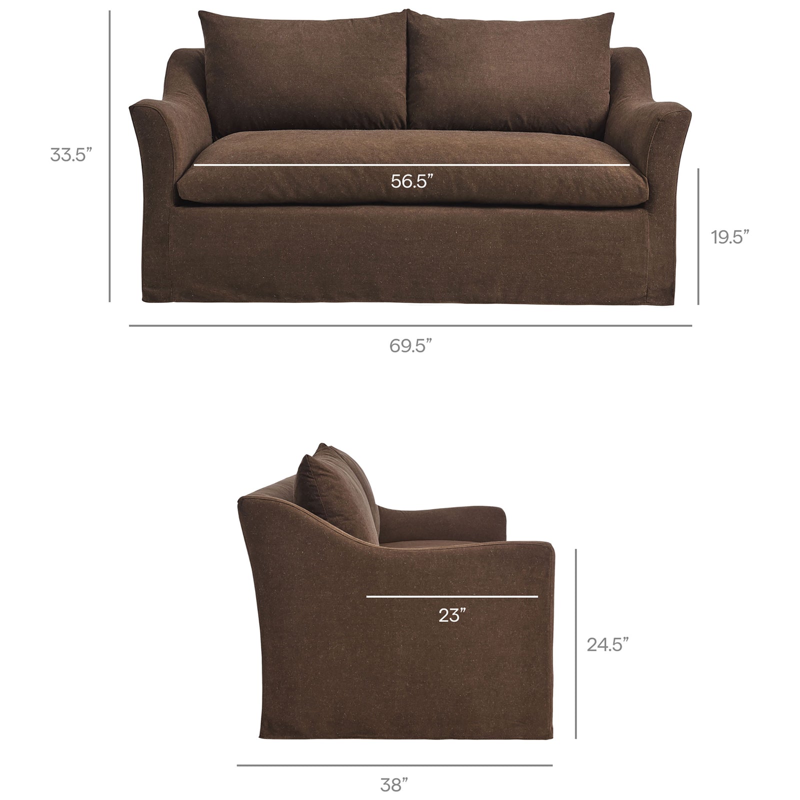 Loveseat dimensions with labeled seat width depth height and overall size measurements || EEI-7311-COA || dimension_studio