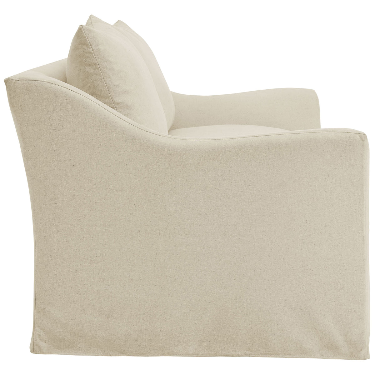Linen slipcovered loveseat with softly sloped arms and smooth tailored side panel || EEI-7311-LIN || side_studio