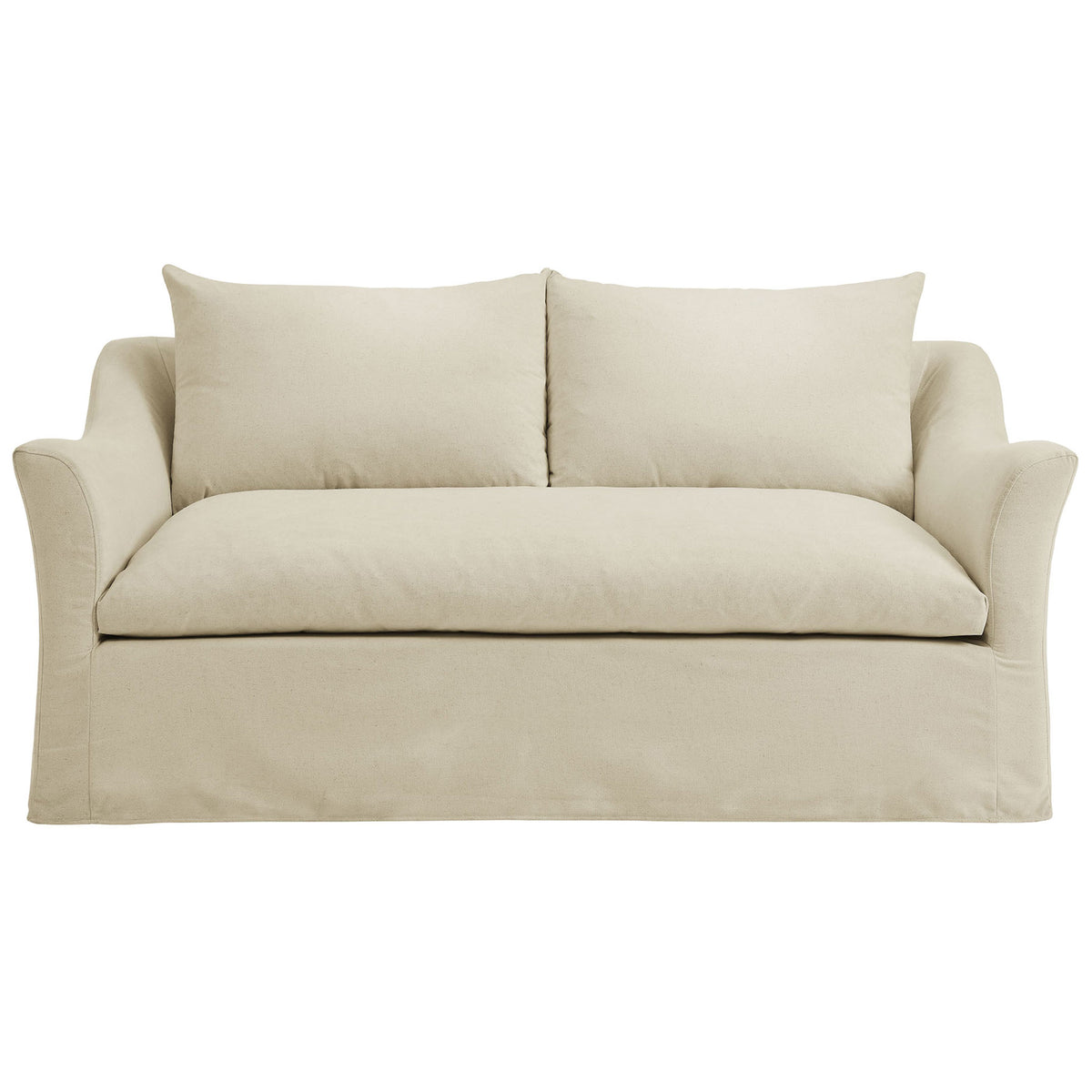 Clean-lined linen loveseat with single bench cushion and gently curved slipcovered arms || EEI-7311-LIN || front_studio