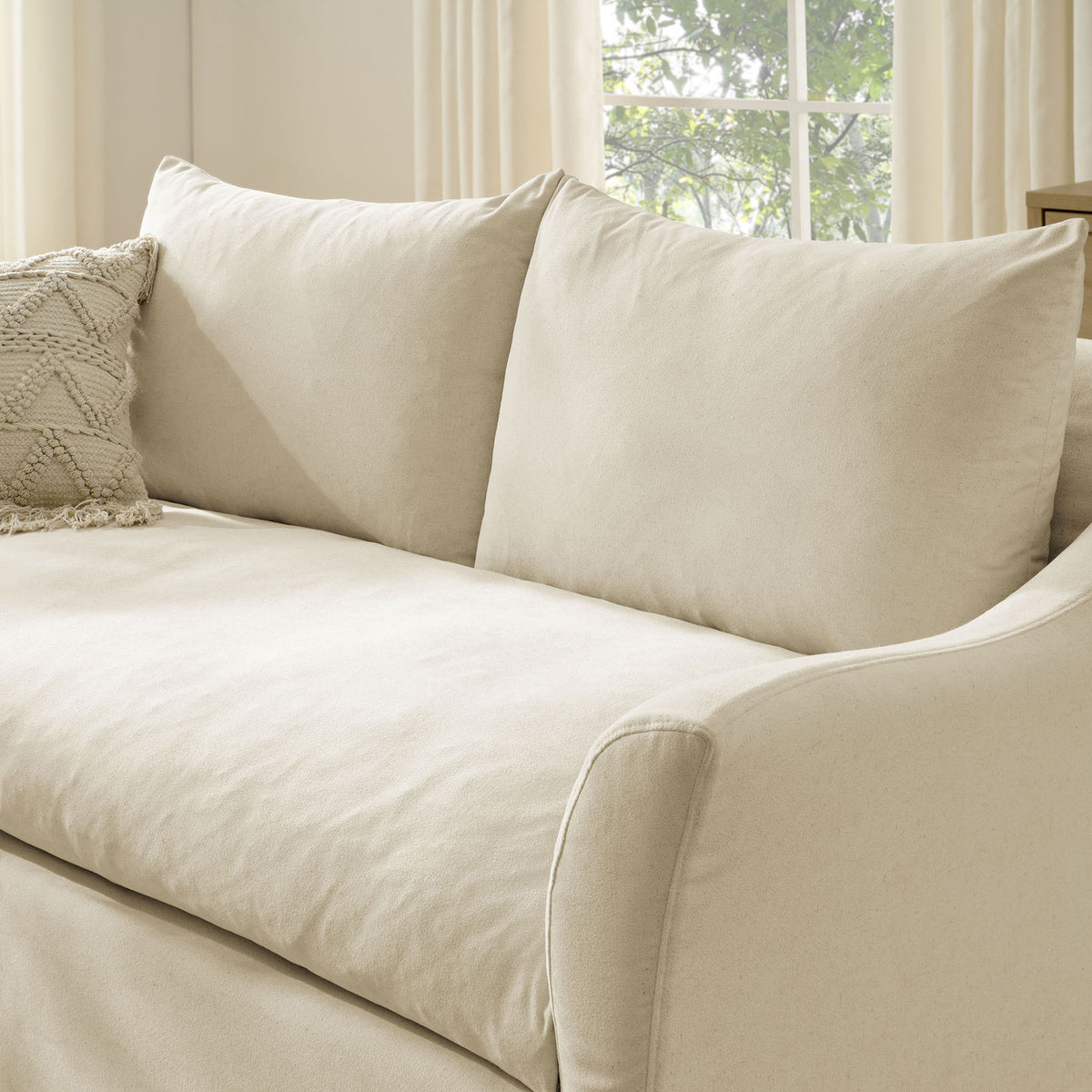 Linen loveseat in sunlit room featuring deep bench seat and overstuffed back cushions || EEI-7311-LIN || detail_room