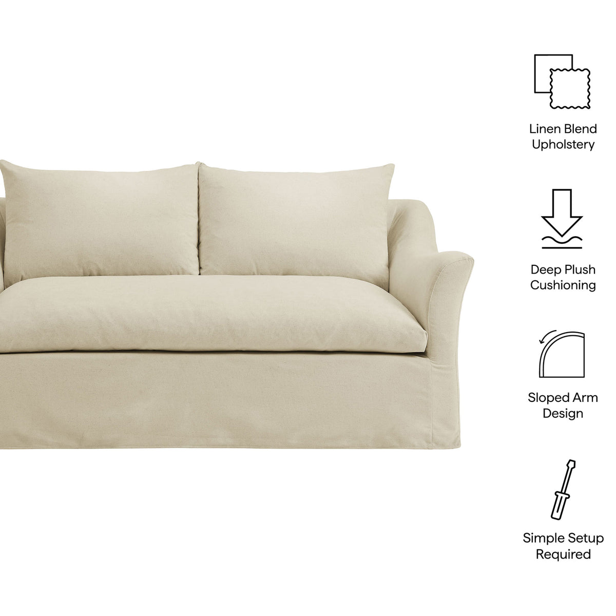 Linen slipcovered loveseat with icons highlighting plush cushioning and easy setup || EEI-7311-LIN || callout_studio