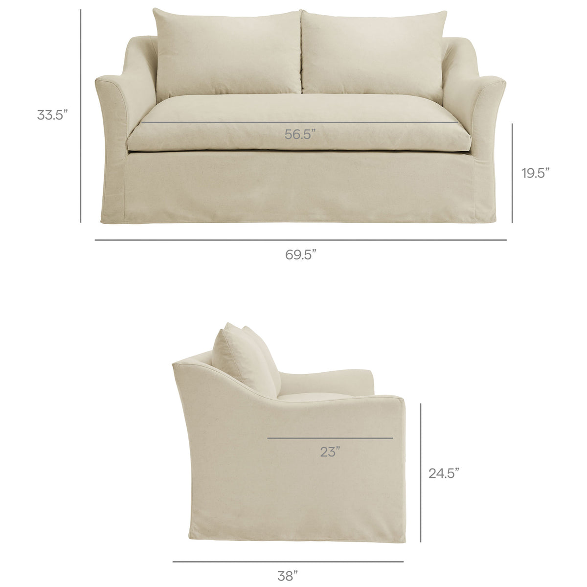 Linen slipcovered loveseat with measurements shown for overall width, depth, and height || EEI-7311-LIN || dimension_studio