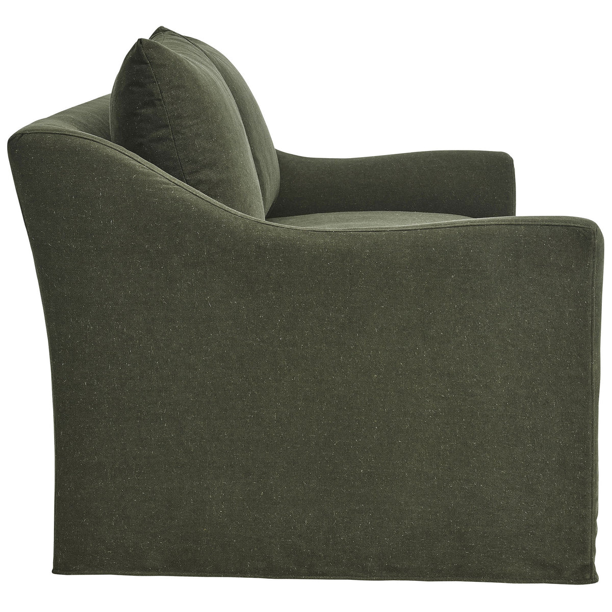 Side profile of the Somerset loveseat highlighting its deep seat, sloped arm, and full-length slipcovered base || EEI-7311-SGE || side_studio