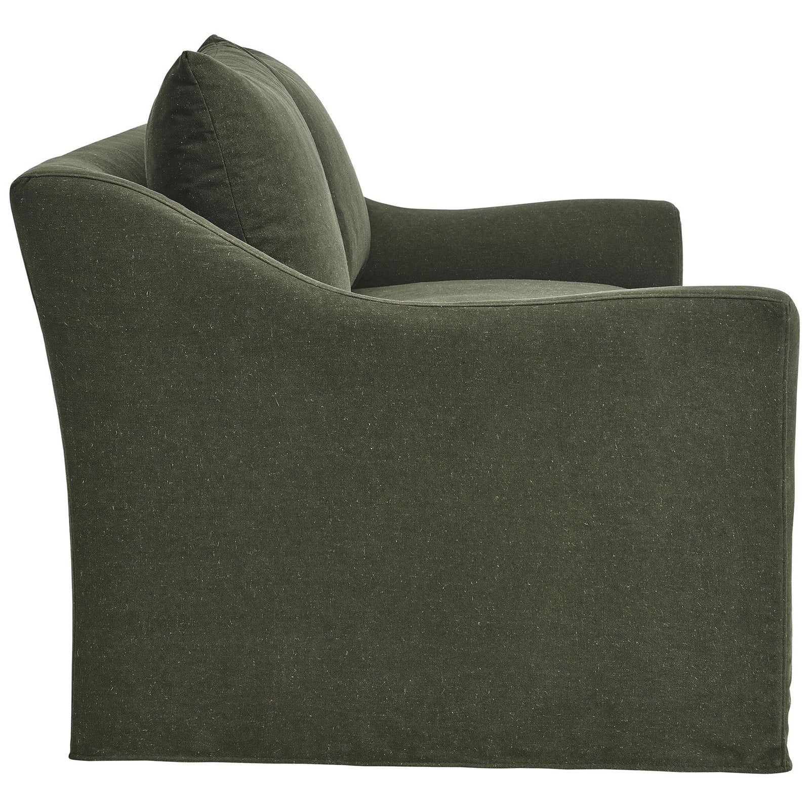 Side profile of the Somerset loveseat highlighting its deep seat, sloped arm, and full-length slipcovered base || EEI-7311-SGE || side_studio