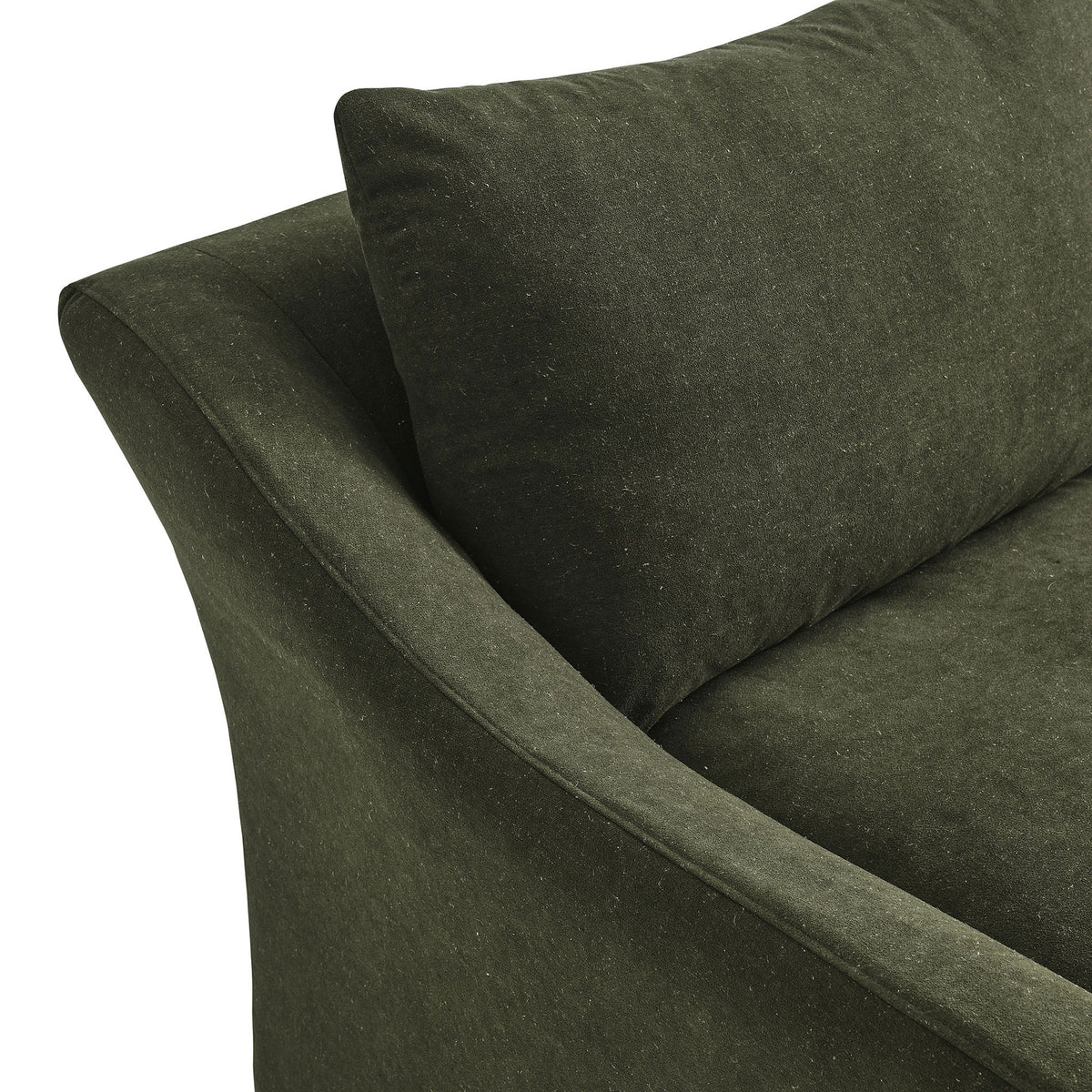 Close-up of the softly sloped arm and plush back cushion in textured sage linen-blend fabric || EEI-7311-SGE || detail_studio
