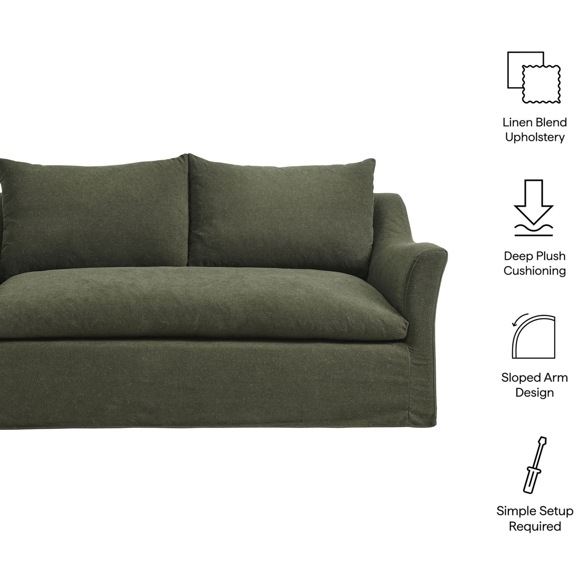 Feature callouts for the Somerset sage loveseat highlighting linen blend upholstery and deep plush cushioning || EEI-7311-SGE || callout_studio