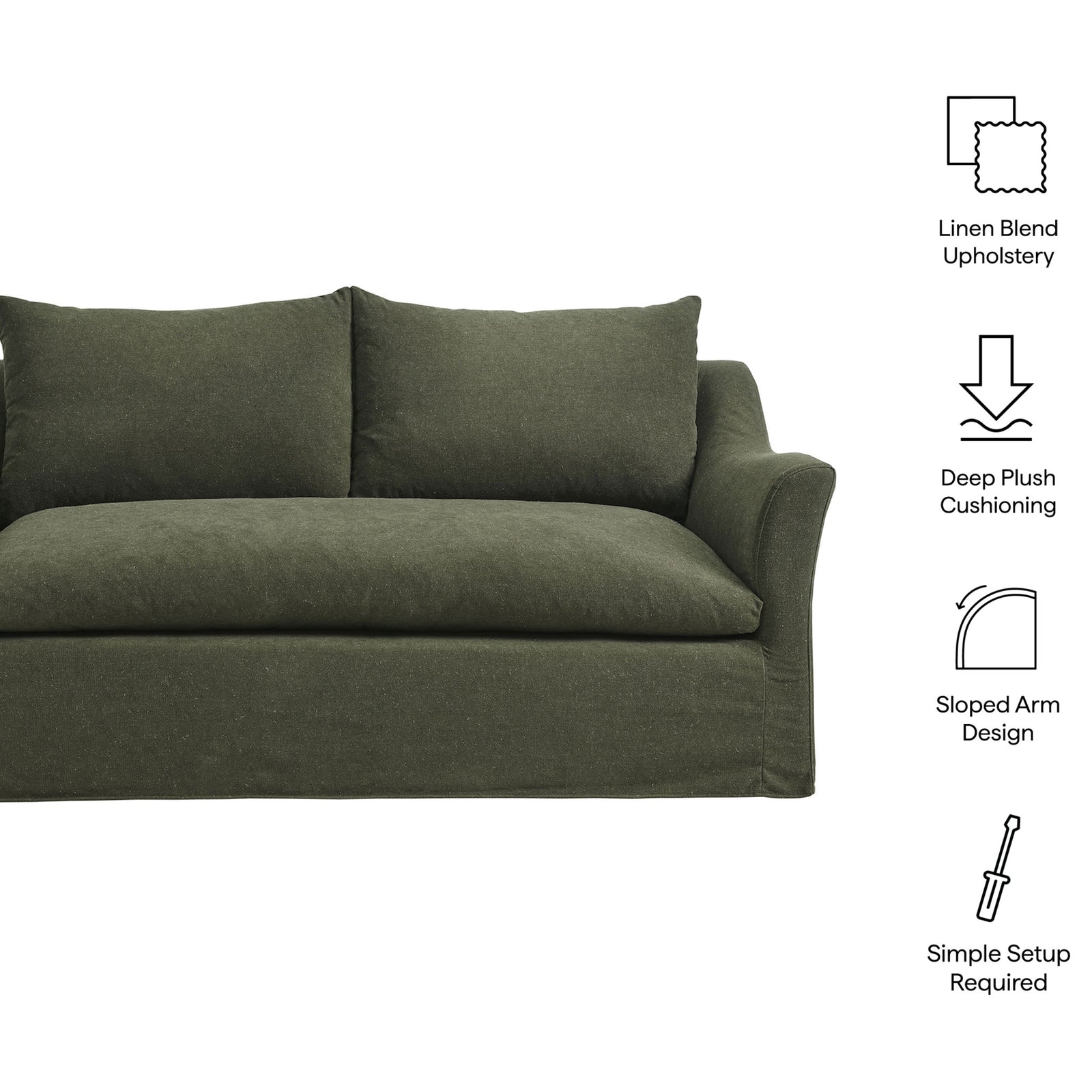 Feature callouts for the Somerset sage loveseat highlighting linen blend upholstery and deep plush cushioning || EEI-7311-SGE || callout_studio