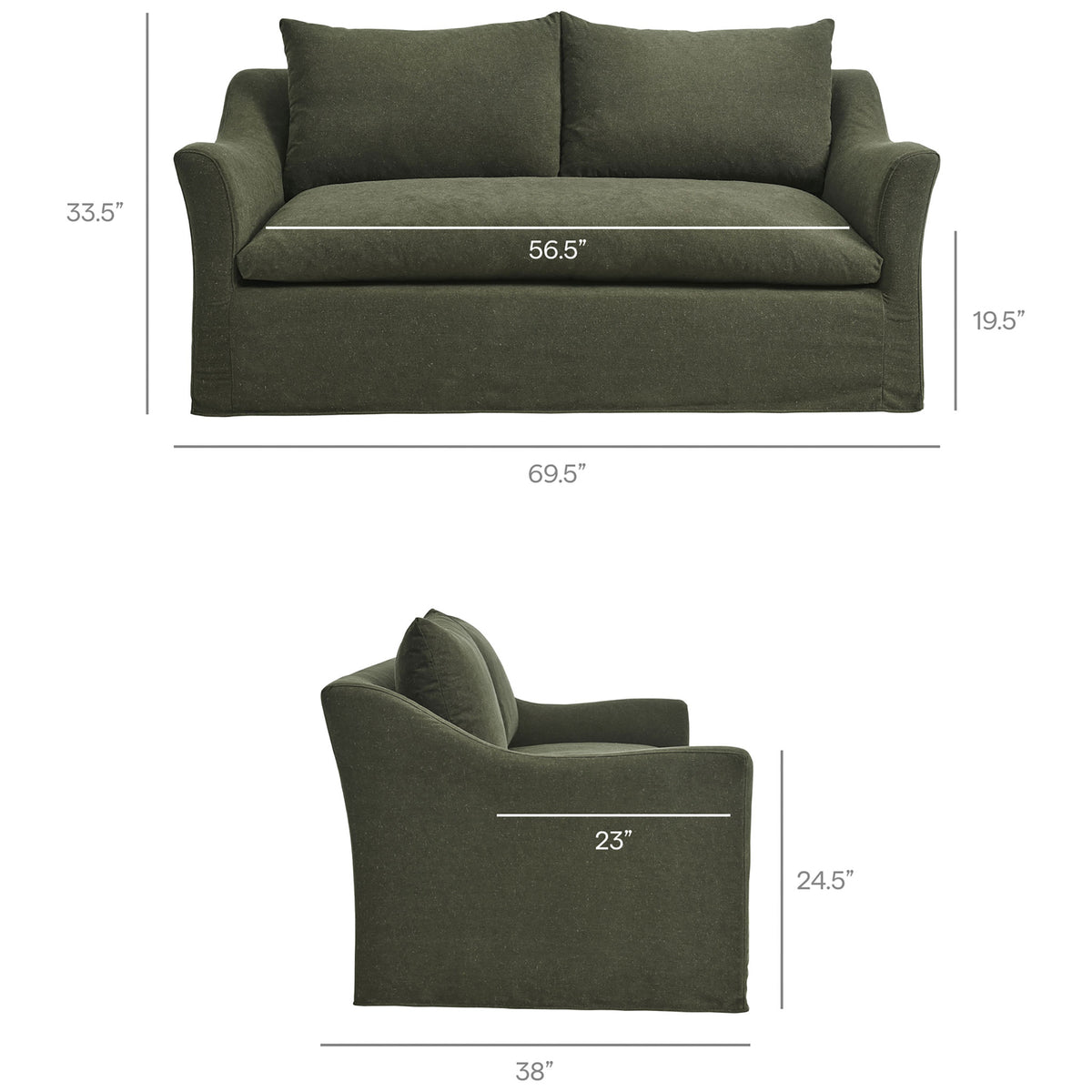 Dimensions of the Somerset sage slipcovered loveseat with measurements for overall width, depth, height, and seat depth || EEI-7311-SGE || dimension_studio