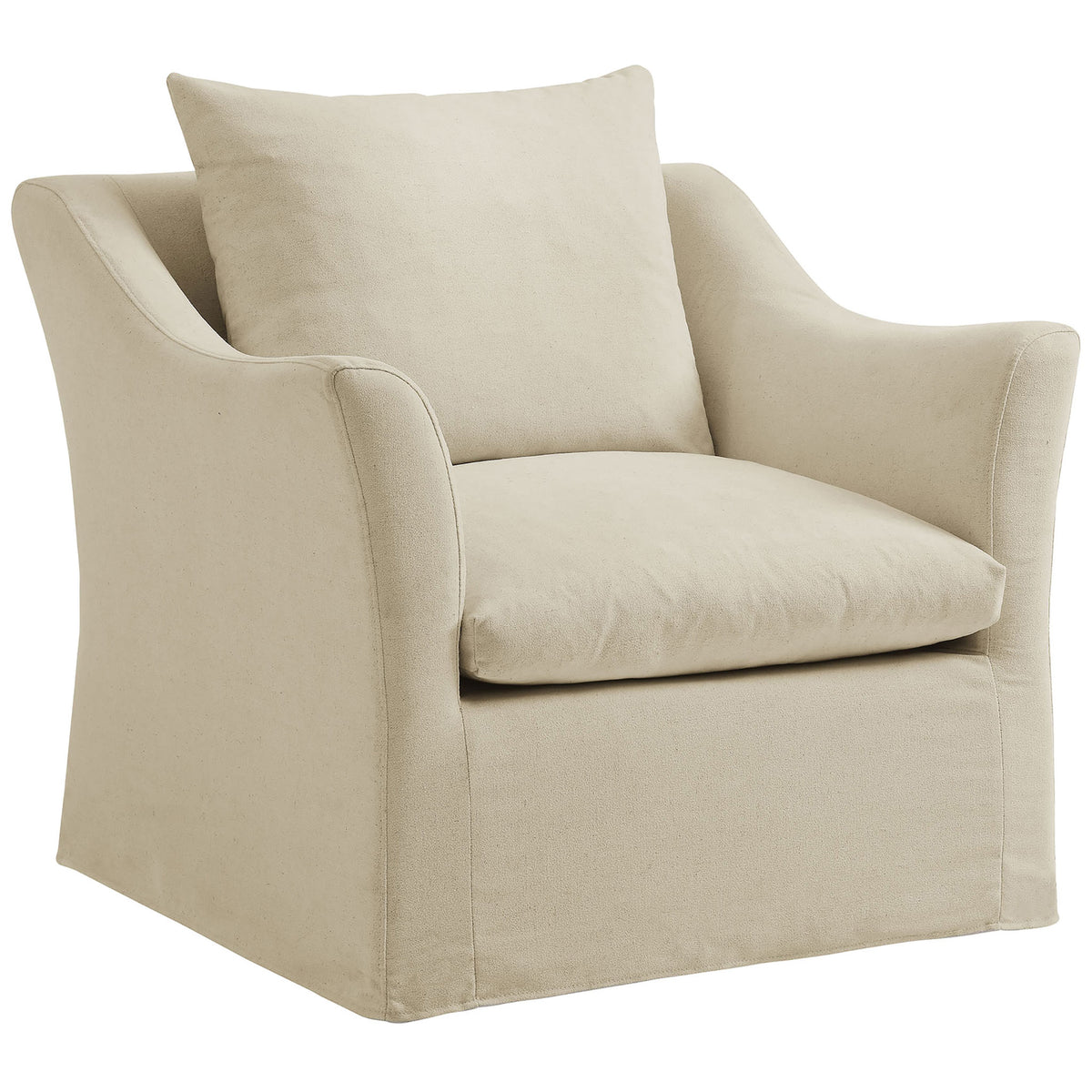 Curved sloped arms and a plush back pillow define this linen-blend slipcovered armchair || EEI-7312-LIN || front_angle_studio