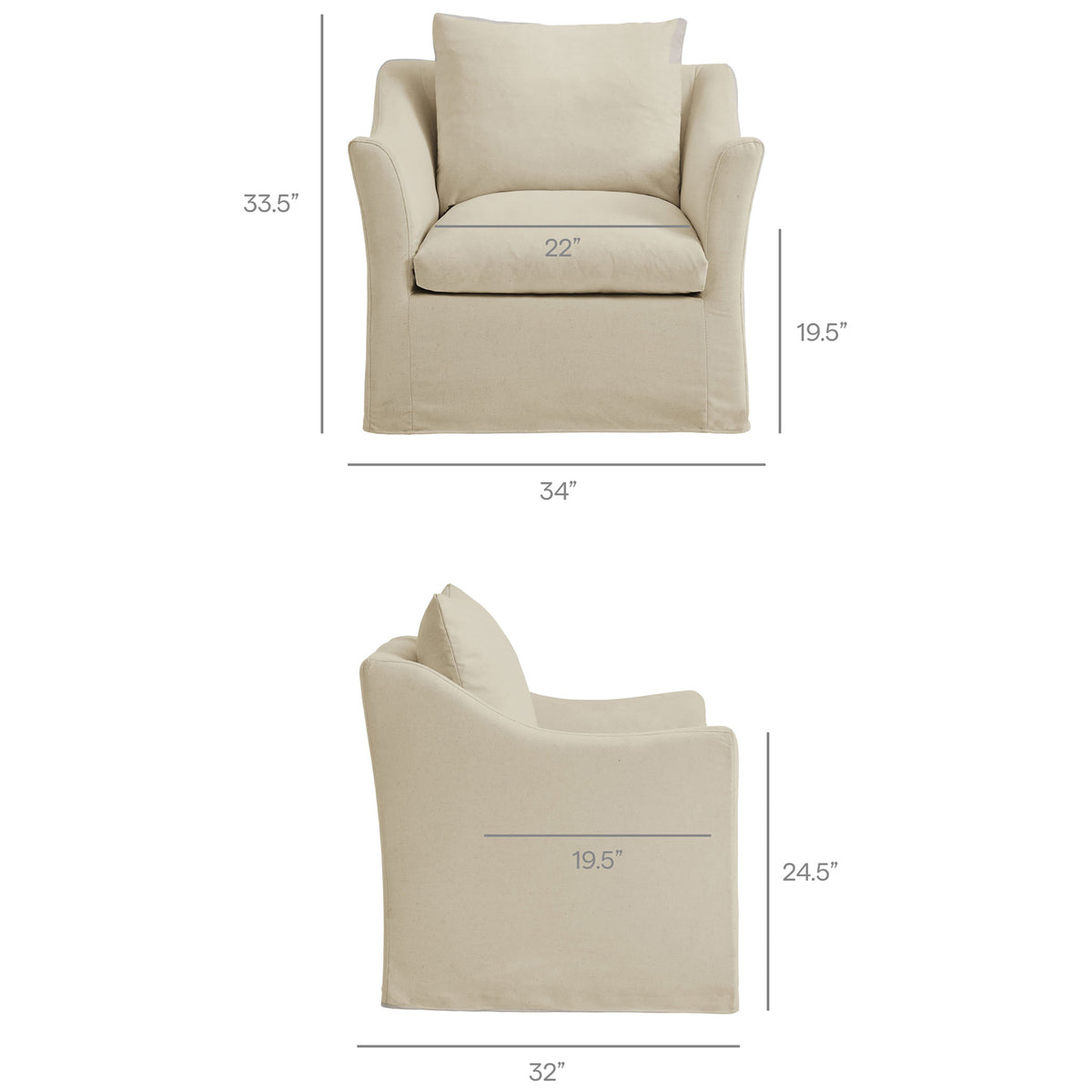 Dimensions illustrate generous seat space and supportive proportions || EEI-7312-LIN || dimension_studio