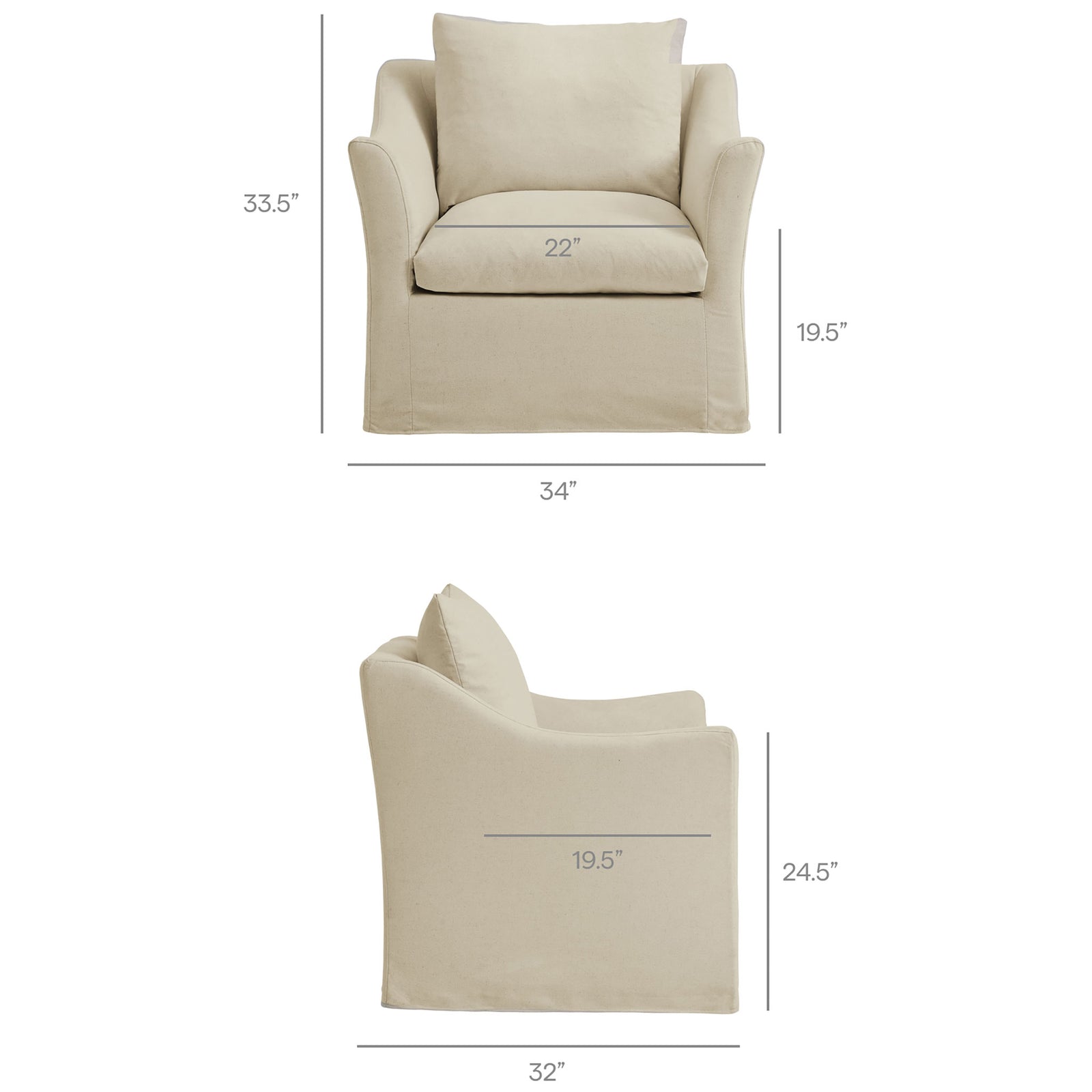 Dimensions illustrate generous seat space and supportive proportions || EEI-7312-LIN || dimension_studio