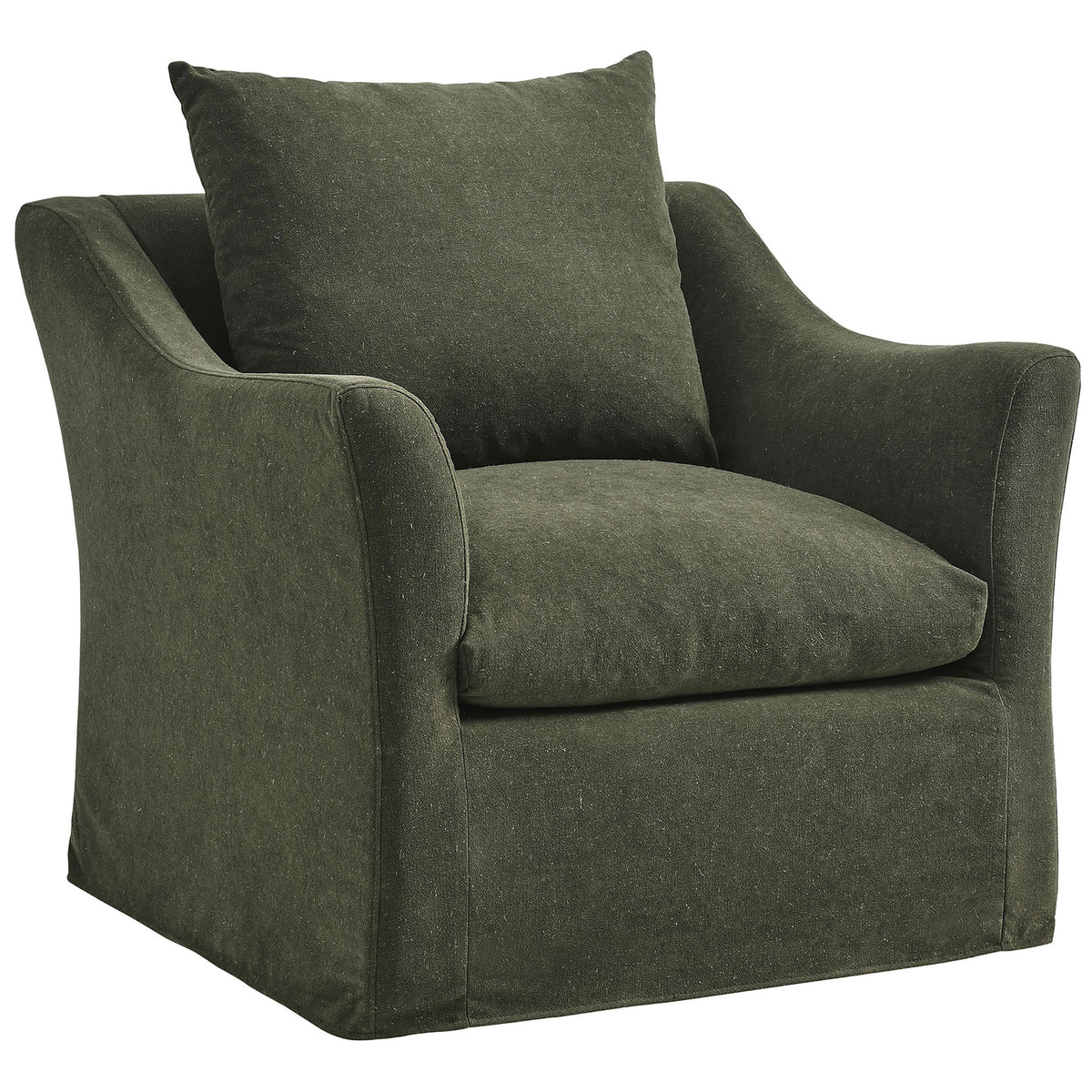 Inviting lounge chair in textured linen blend with curved sloped arms and a generously padded seat || EEI-7312-SGE || front_angle_studio