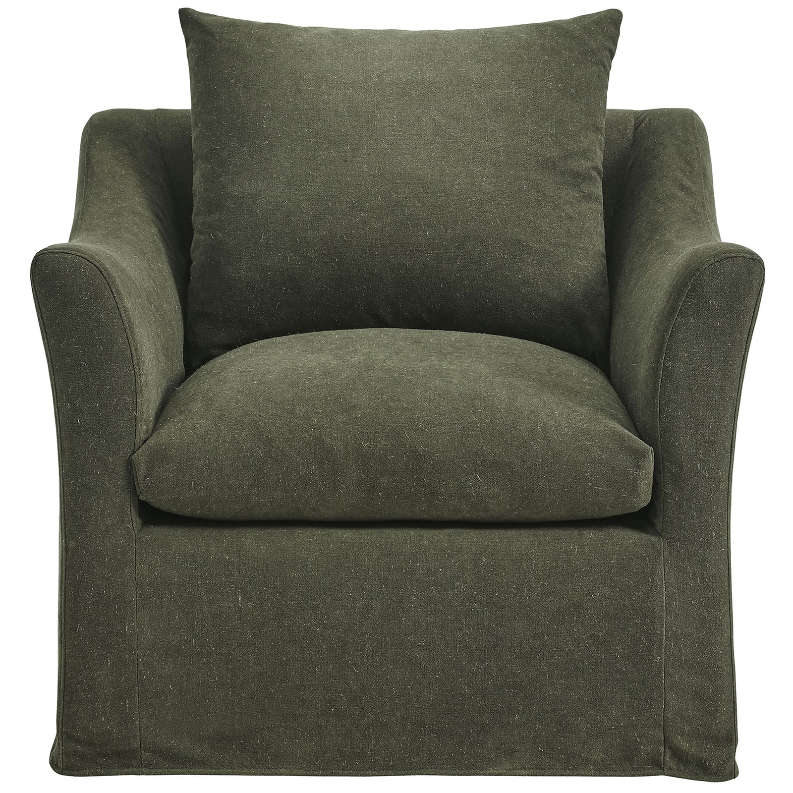 Sage green linen-blend slipcovered armchair with deep seat, plush back cushion, and gracefully sloped arms || EEI-7312-SGE || front_studio