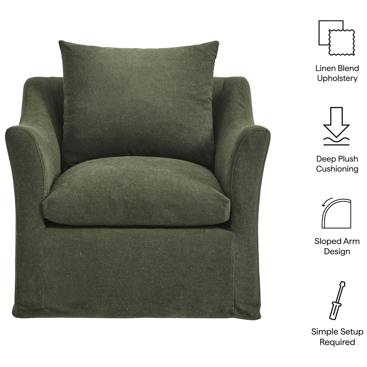 Key features include linen-blend upholstery, plush cushioning, sloped arms, and simple setup || EEI-7312-SGE || callout_studio