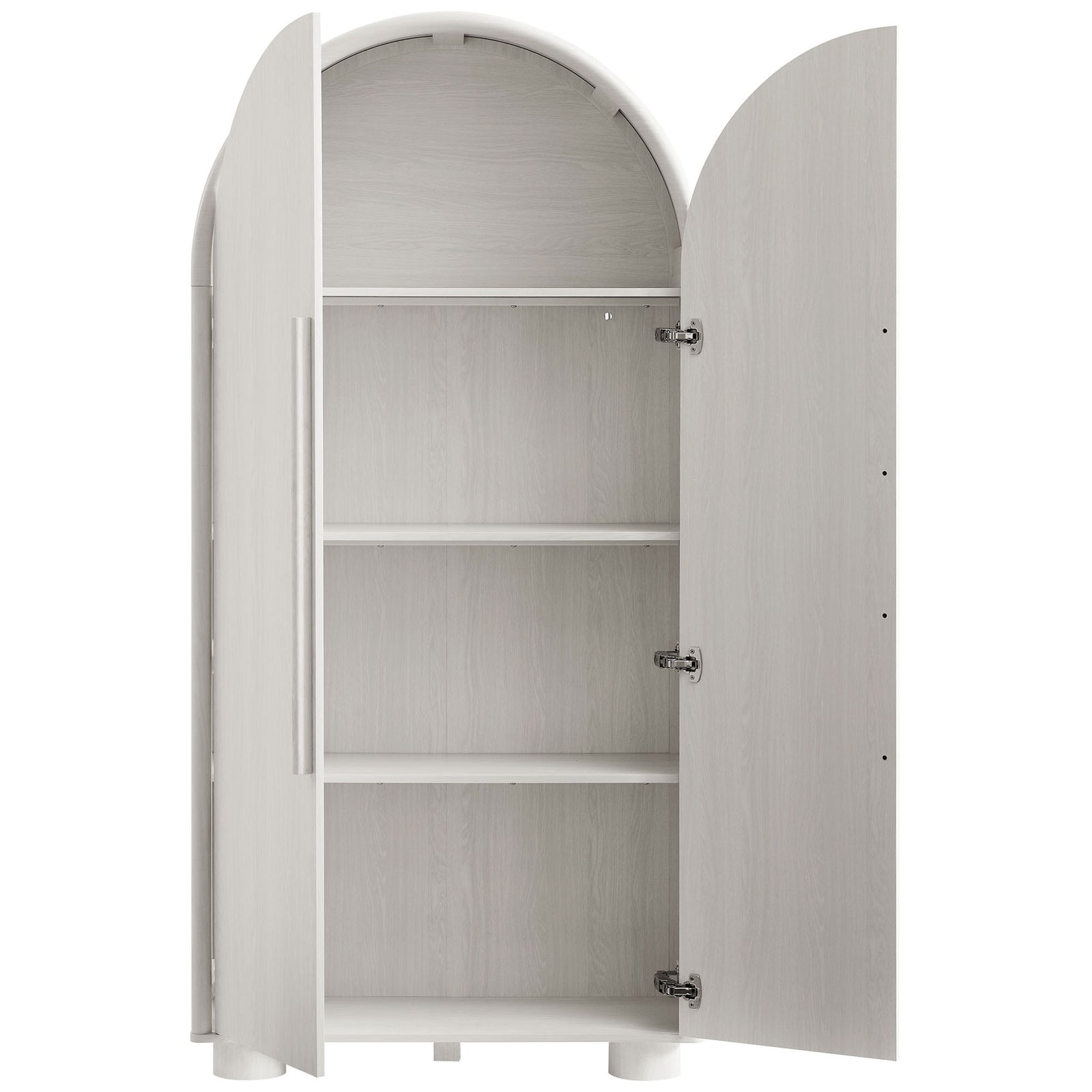 Bellamy ash arched cabinet with doors open to reveal adjustable shelves for versatile storage || EEI-7313-ASH || front_open_studio