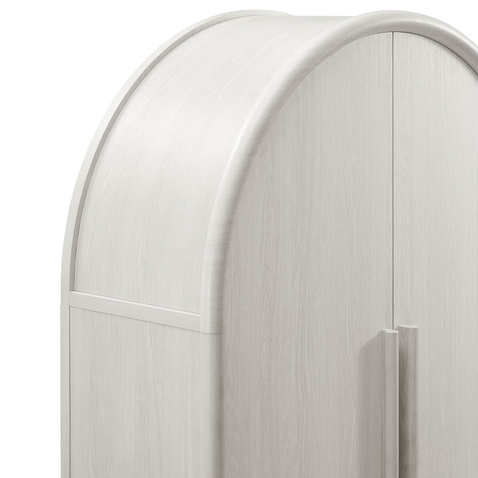 Close-up of Bellamy ash cabinet arch and elongated door handles with subtle wood grain || EEI-7313-ASH || handle_studio