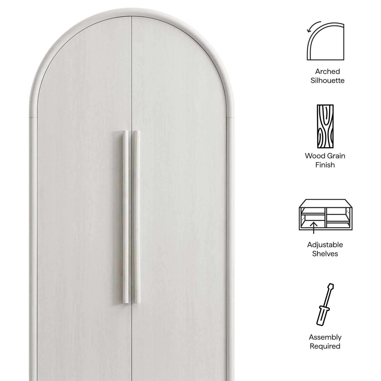 Bellamy ash arched cabinet with illustrated callouts for silhouette, wood grain finish, and shelves || EEI-7313-ASH || callout_studio