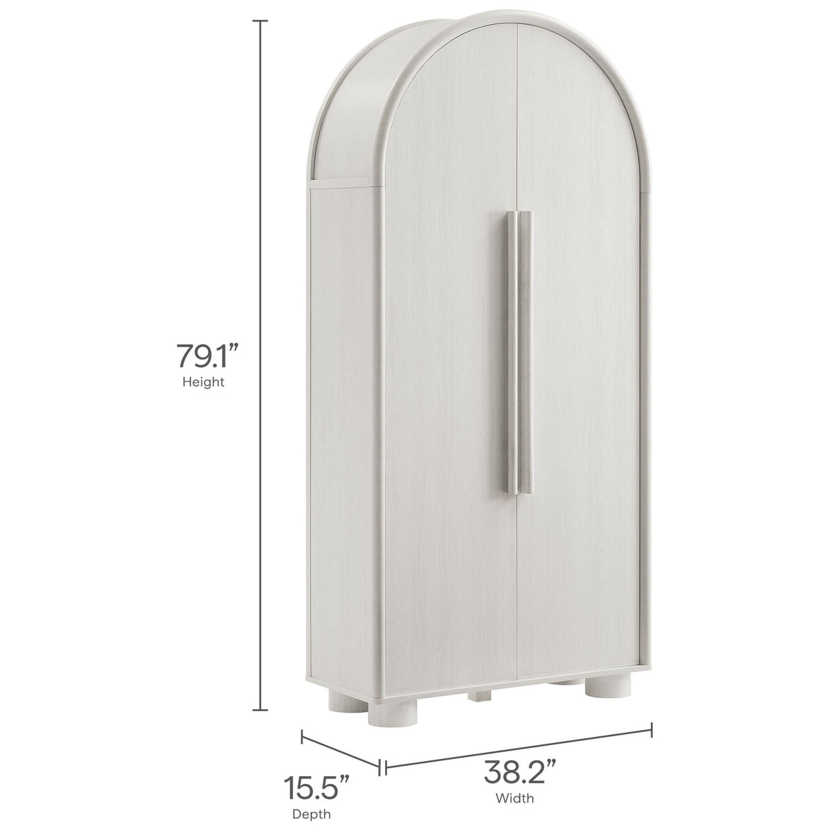 Bellamy ash arched storage cabinet shown with height, width, and depth dimensions labeled || EEI-7313-ASH || dimension_studio