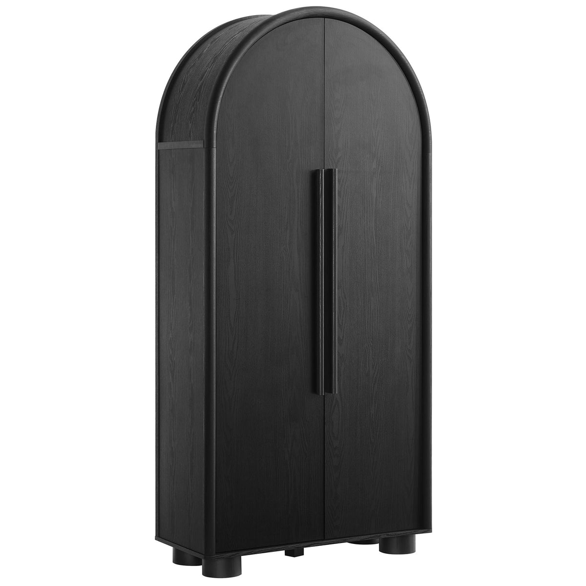 Bellamy black arched storage cabinet with sleek vertical handles and rounded base feet || EEI-7313-BLK || front_angle_studio