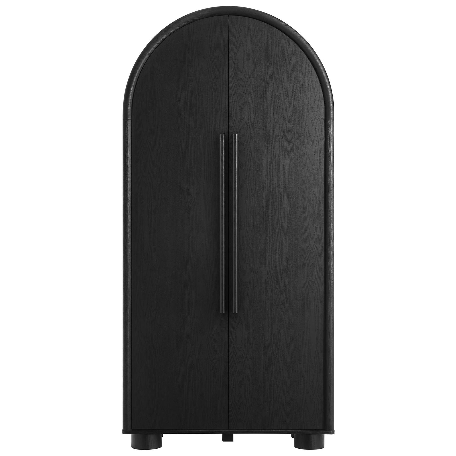 Front view of Bellamy black arched storage cabinet with clean doors and bold presence || EEI-7313-BLK || front_studio
