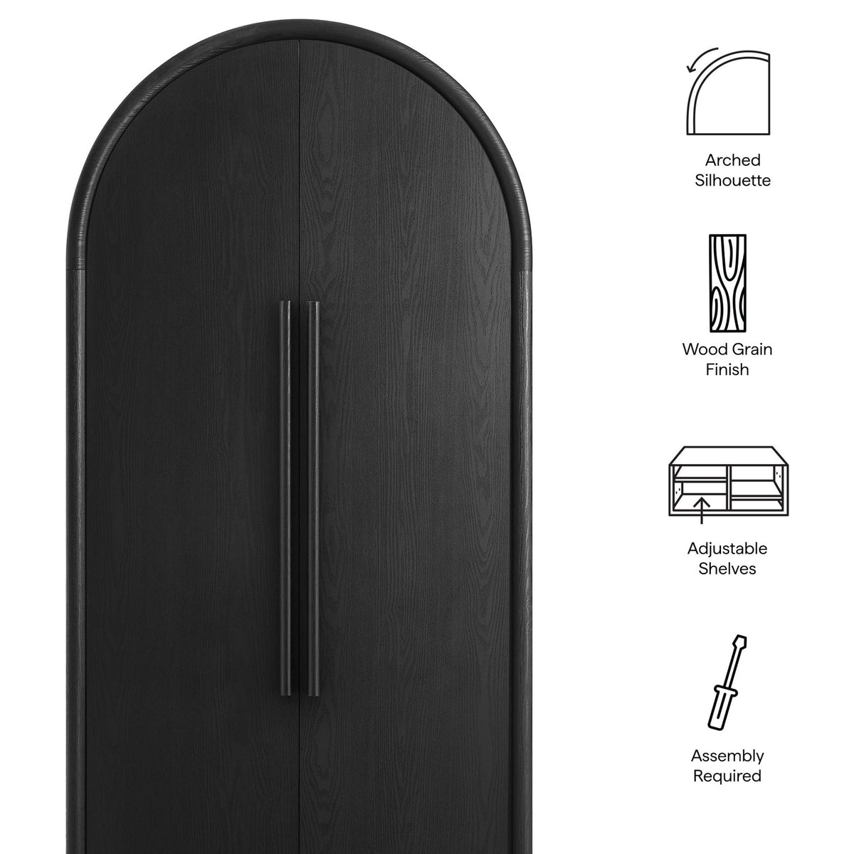 Bellamy black arched cabinet with graphic callouts for silhouette, wood grain finish, and shelves || EEI-7313-BLK || callout_studio